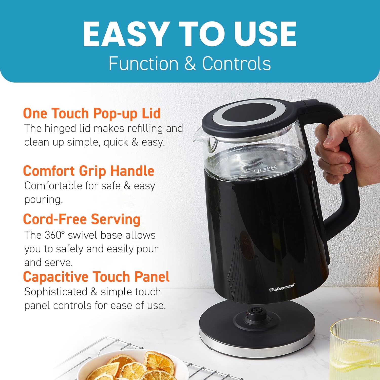 ORANGLES Elite Gourmet 1.7L Dual Wall Cool Touch Electric Tea Kettle – Borosilicate Glass, 304 Stainless Steel Interior, Digital Touchscreen, Keep Warm, Auto Shut-Off (Black) - detailed closeup view - Image 3 of 4 | great for travel | Texas | Free Shipping ORANGLES