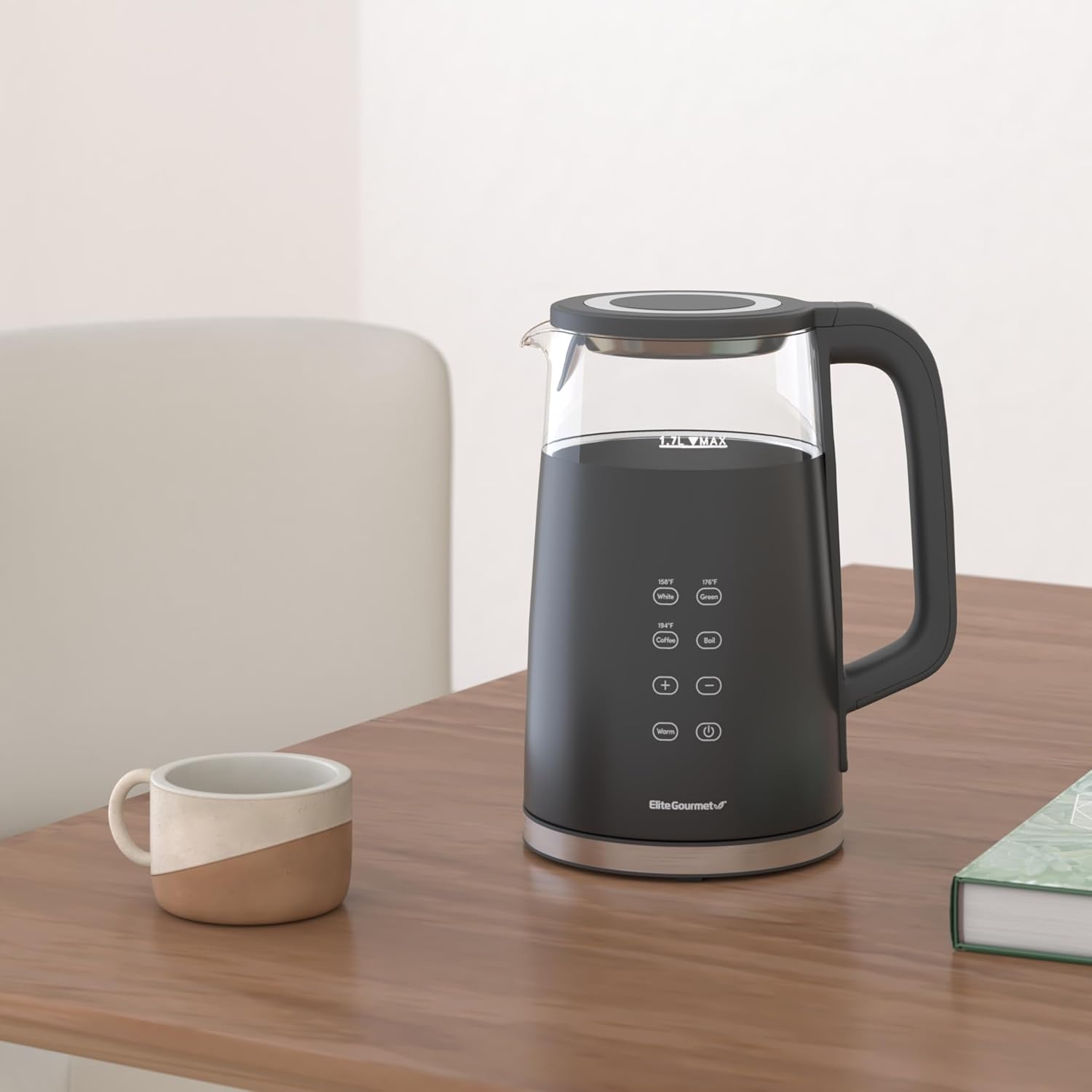 ORANGLES Elite Gourmet 1.7L Dual Wall Cool Touch Electric Tea Kettle – Borosilicate Glass, 304 Stainless Steel Interior, Digital Touchscreen, Keep Warm, Auto Shut-Off (Black) - angled perspective - Image 4 of 4 | excellent for daily use | New York | Free Shipping ORANGLES