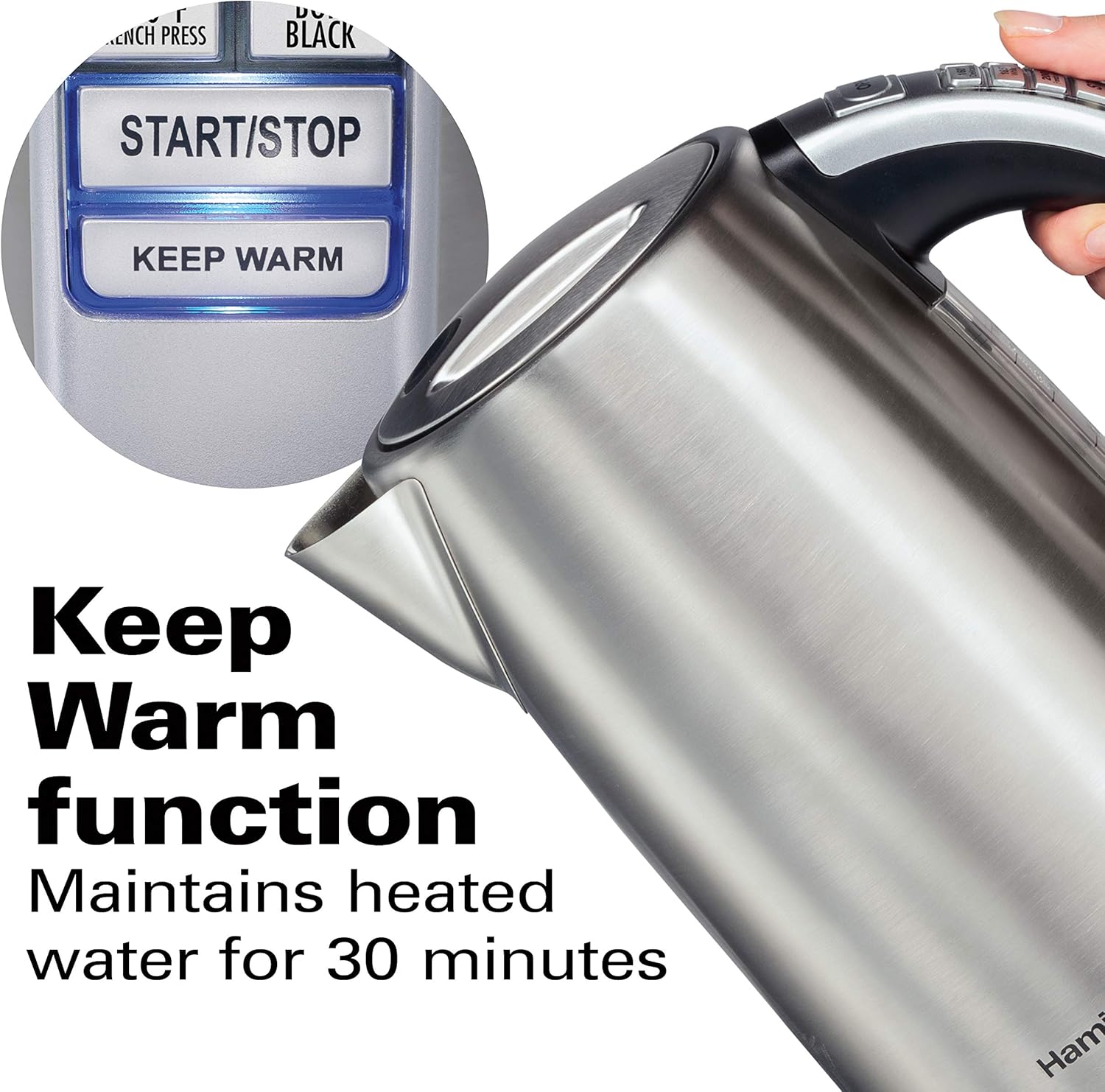 ORANGLES Hamilton Beach 1.7L Temperature Control Electric Kettle – 1500W Fast Boiling Water Boiler, BPA-Free Stainless Steel Cordless Tea Kettle with Auto Shut-Off & Boil-Dry Protection (41020R) - detailed closeup view - Image 3 of 5 | great for travel | Texas | Free Shipping ORANGLES