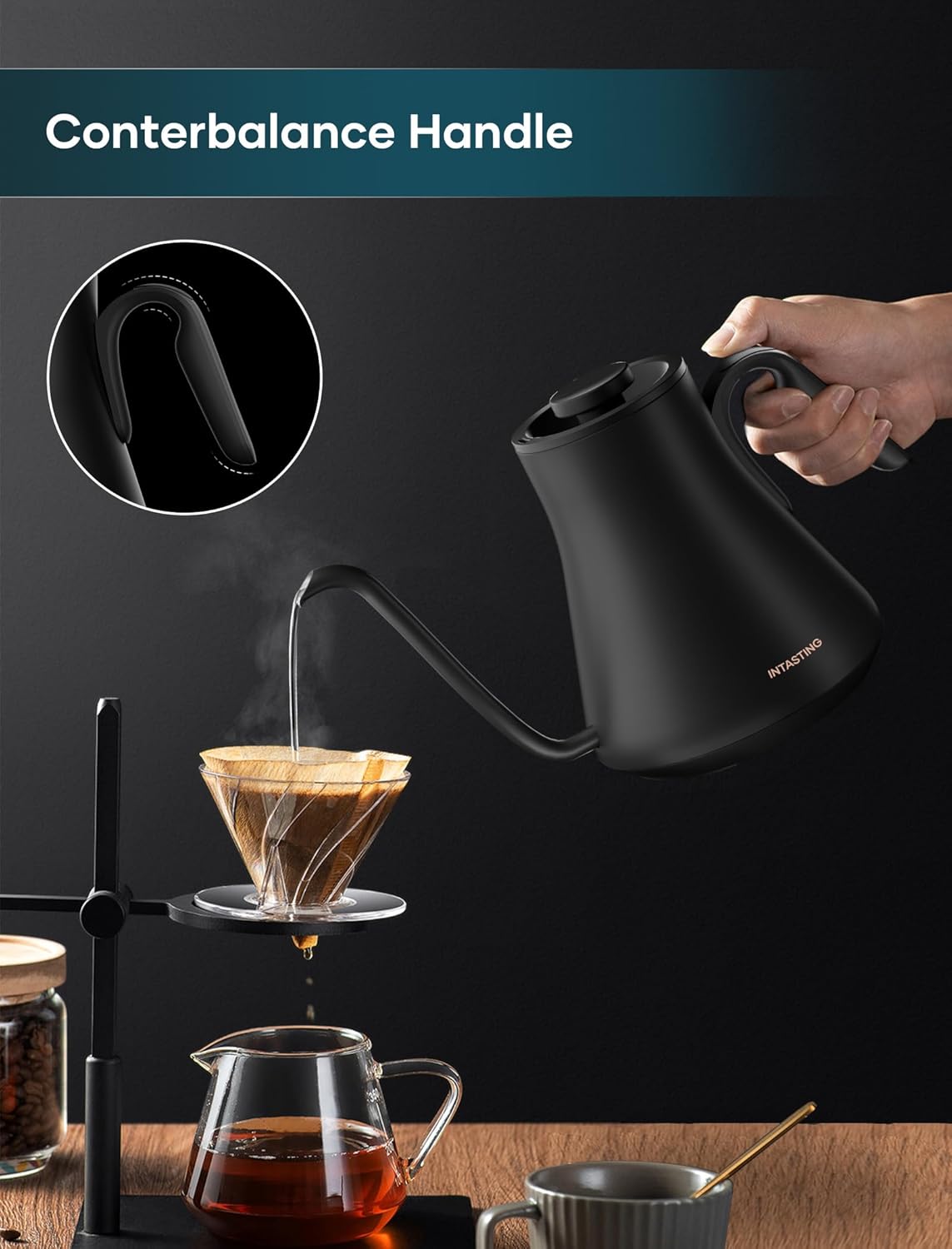 ORANGLES INTASTING Gooseneck Electric Kettle 0.9L – ±1℉ Precise Temperature Control, Stainless Steel Interior, Fast Heating Pour Over Coffee & Tea Kettle (Black) - angled perspective - Image 4 of 4 | excellent for daily use | New York | Free Shipping ORANGLES