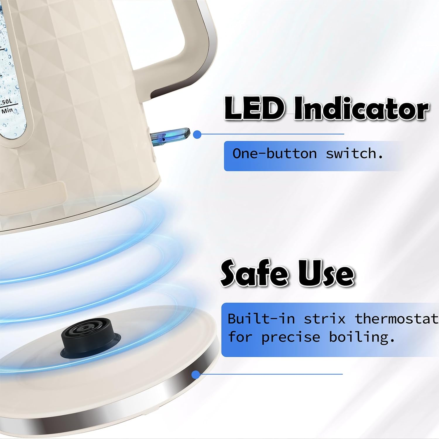 ORANGLES 1.7L Electric Kettle 1200W Fast Boiling – Cordless 360° Hot Water Boiler, Auto Shut-Off & Boil-Dry Protection Electric Tea Kettle for Coffee & Tea (Beige) - detailed closeup view - Image 3 of 4 | great for travel | Texas | Free Shipping ORANGLES