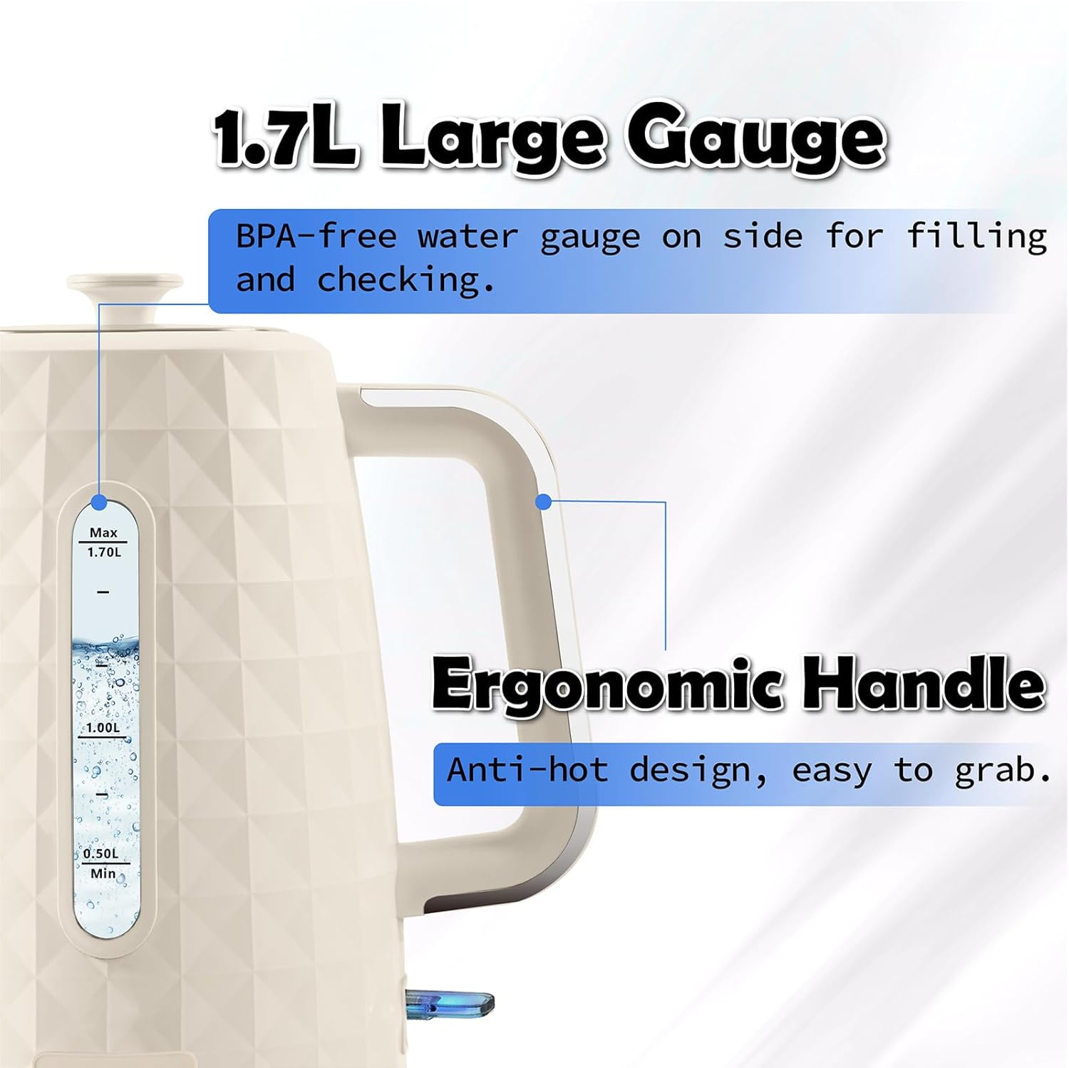ORANGLES 1.7L Electric Kettle 1200W Fast Boiling – Cordless 360° Hot Water Boiler, Auto Shut-Off & Boil-Dry Protection Electric Tea Kettle for Coffee & Tea (Beige) - angled perspective - Image 4 of 4 | excellent for daily use | New York | Free Shipping ORANGLES