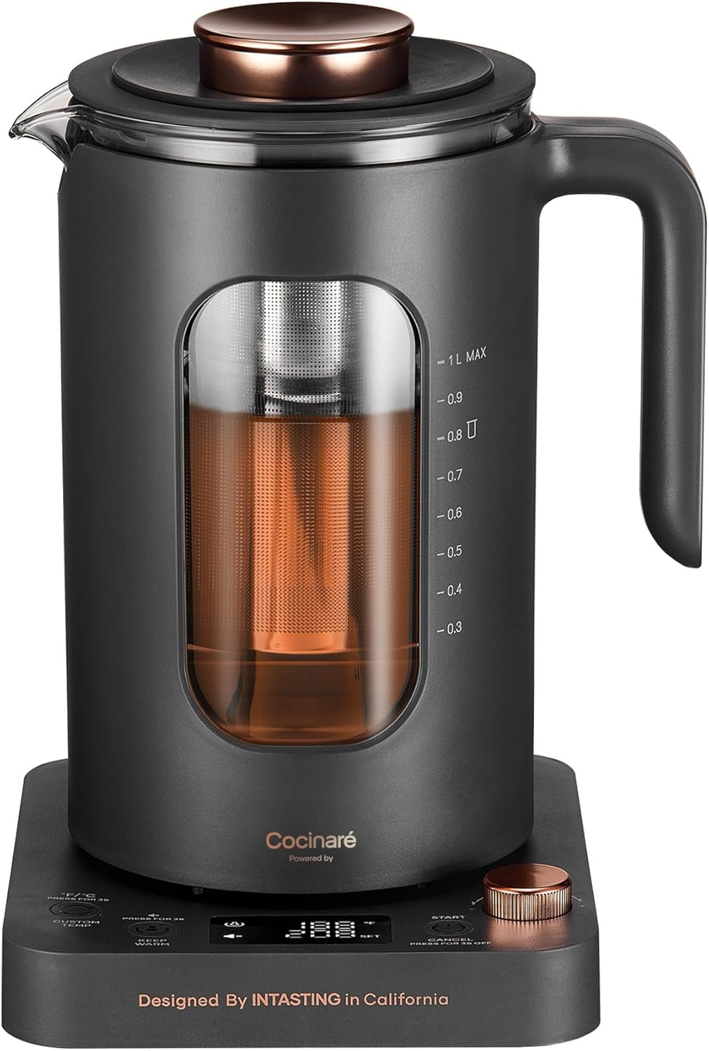 ORANGLES INTASTING Glass Electric Tea Kettle 1L – 1200W Fast Heating with Tea Infuser, Precise Knob Temperature Control, BPA-Free Easy Clean Kettle (Dark Gray)  - Main Product Image - professional product shot | Buy INTASTING Glass Electric Tea Kettle 1L – 1200W Fast Heating with Tea Infuser, Precise Knob Temperature Control, BPA-Free Easy Clean Kettle (Dark Gray) online USA | ORANGLES