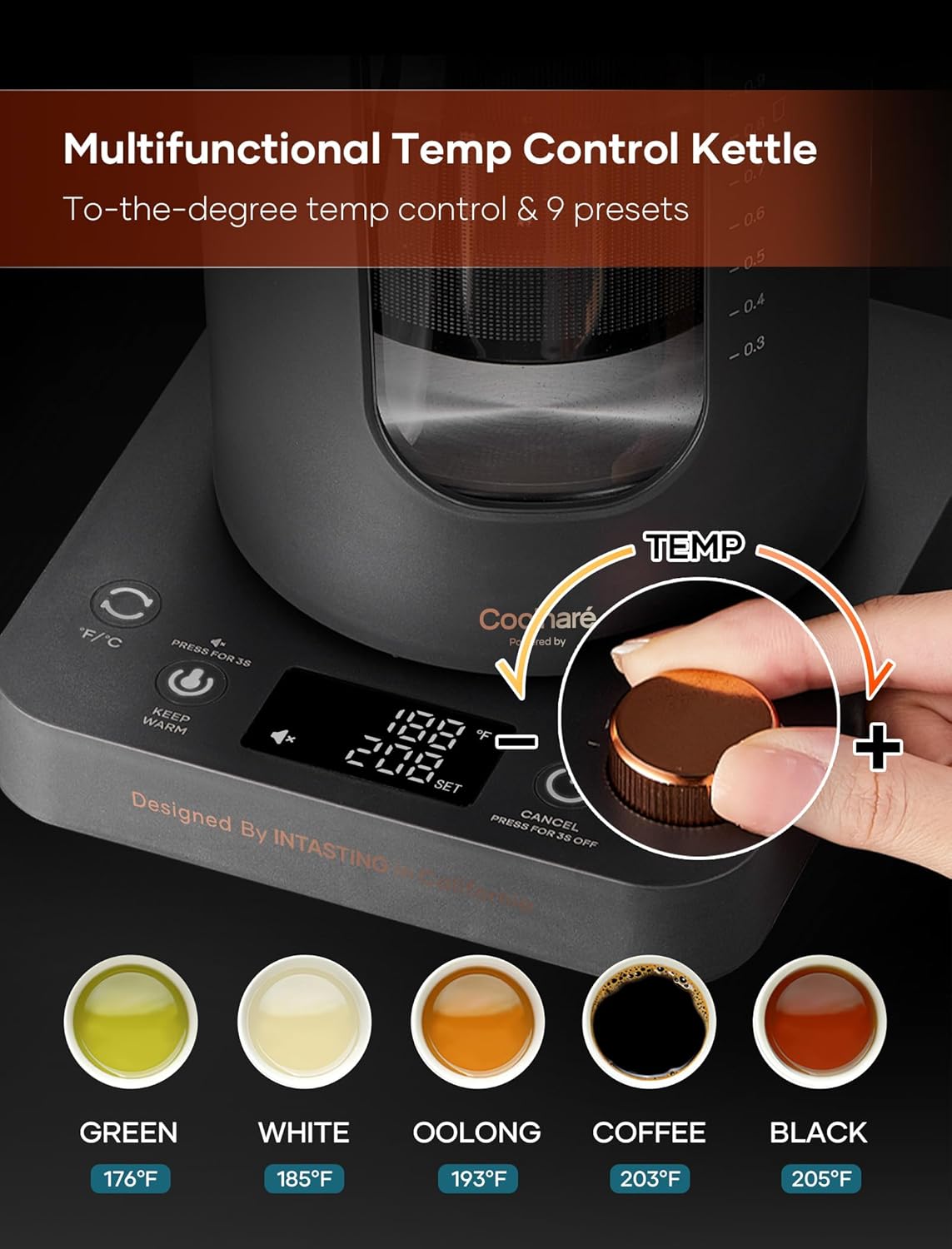 ORANGLES INTASTING Glass Electric Tea Kettle 1L – 1200W Fast Heating with Tea Infuser, Precise Knob Temperature Control, BPA-Free Easy Clean Kettle (Dark Gray) - detailed closeup view - Image 3 of 4 | great for travel | Texas | Free Shipping ORANGLES