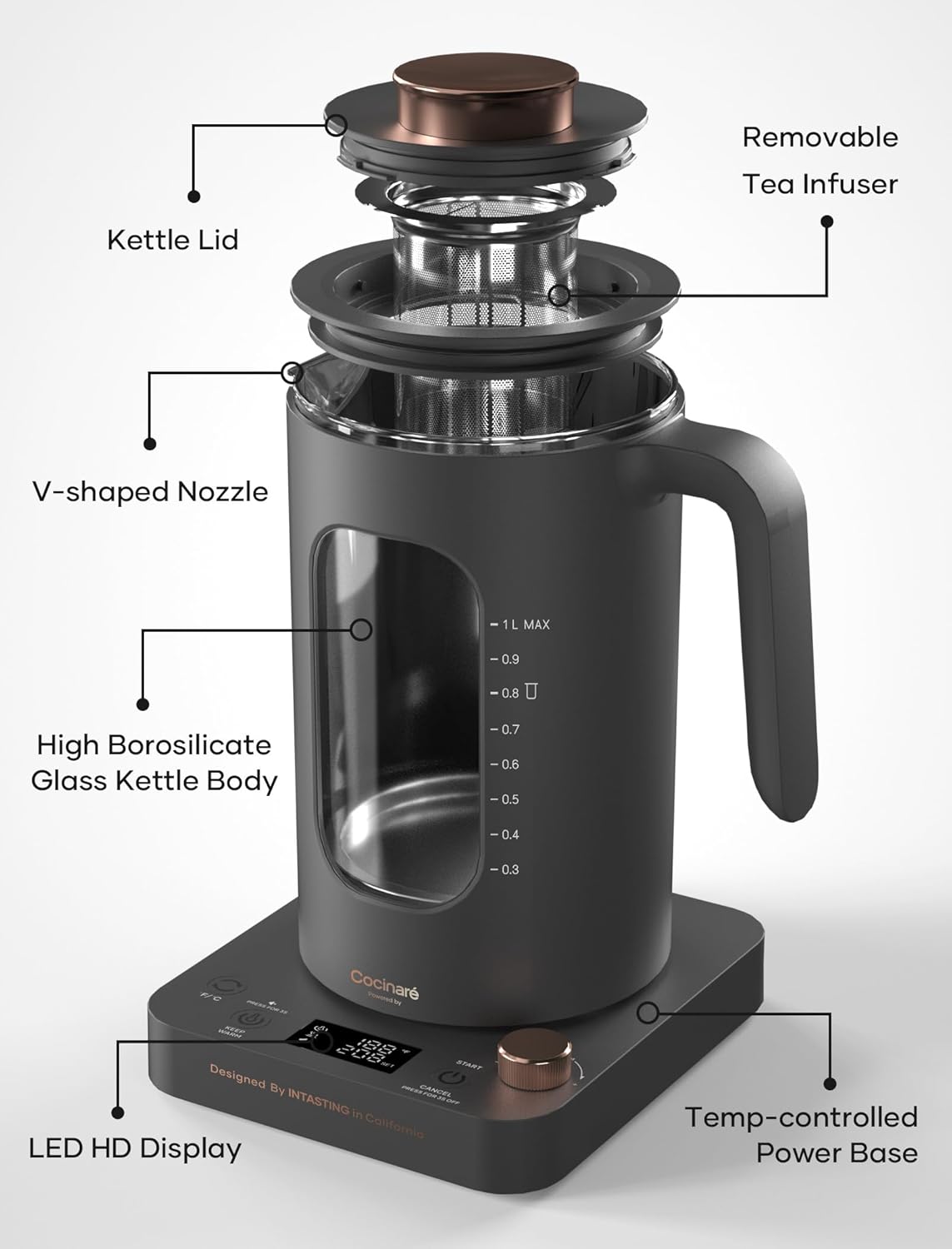 ORANGLES INTASTING Glass Electric Tea Kettle 1L – 1200W Fast Heating with Tea Infuser, Precise Knob Temperature Control, BPA-Free Easy Clean Kettle (Dark Gray) - angled perspective - Image 4 of 4 | excellent for daily use | New York | Free Shipping ORANGLES