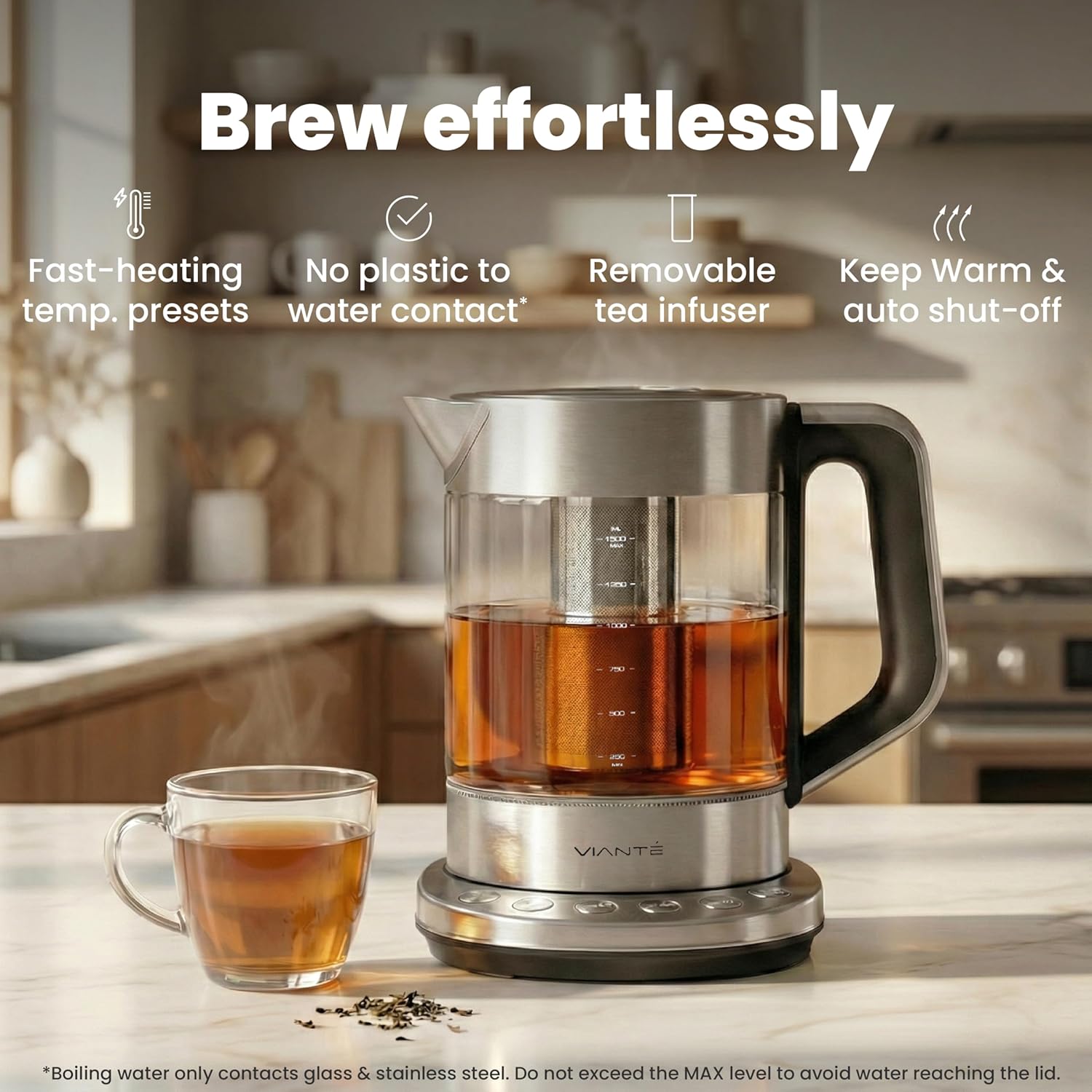 ORANGLES Vianté Electric Tea Kettle with Infuser – 1.5L Borosilicate Glass Tea Maker, Temperature Control, Automatic Shut-Off & Plastic-Free Water Contact - angled perspective - Image 4 of 5 | excellent for daily use | New York | Free Shipping ORANGLES