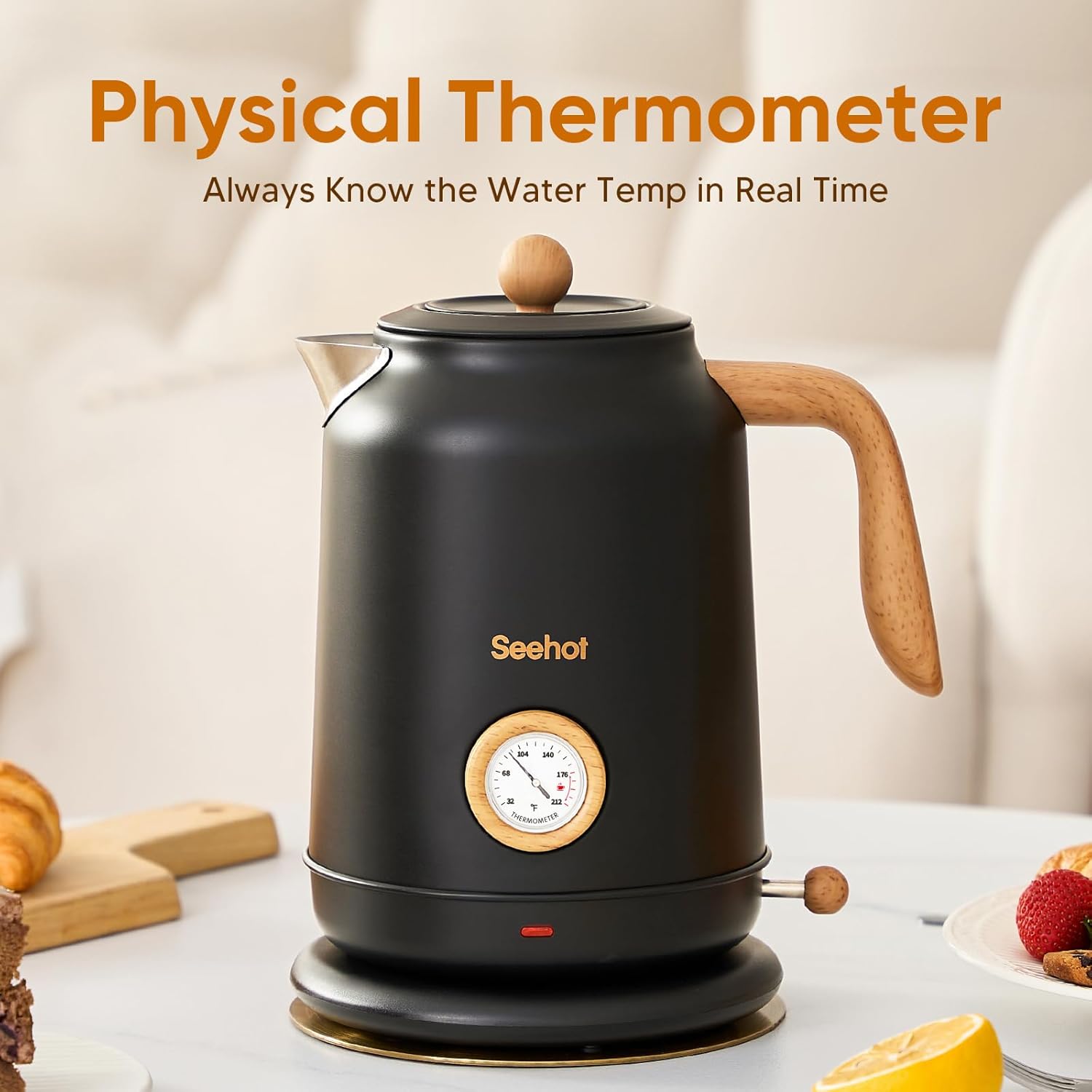 ORANGLES Electric Kettle with Thermometer – 1200W Large Tea Kettle with 304 Stainless Steel, Auto Shut-Off Hot Water Boiler for Coffee & Tea (Black) - high resolution display - Image 2 of 4 | perfect for office | California | Free Shipping ORANGLES