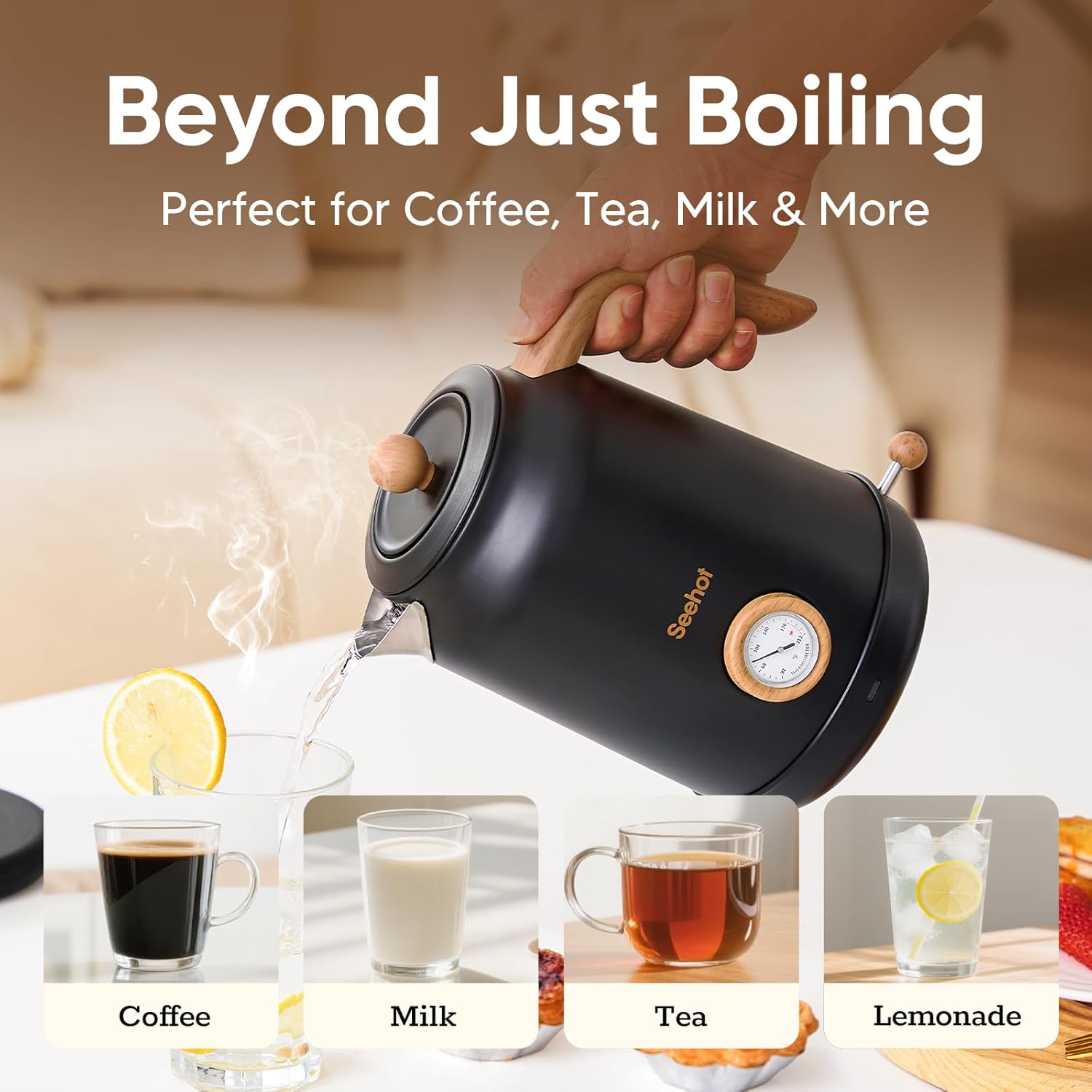 ORANGLES Electric Kettle with Thermometer – 1200W Large Tea Kettle with 304 Stainless Steel, Auto Shut-Off Hot Water Boiler for Coffee & Tea (Black) - detailed closeup view - Image 3 of 4 | great for travel | Texas | Free Shipping ORANGLES