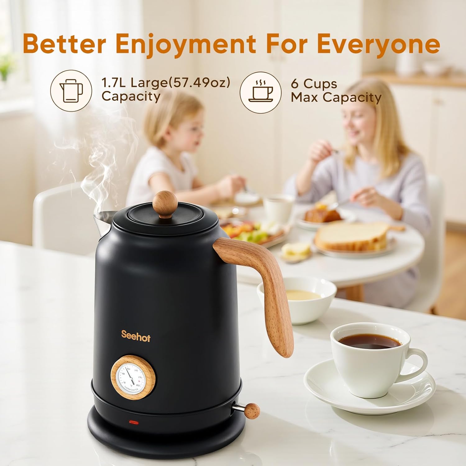 ORANGLES Electric Kettle with Thermometer – 1200W Large Tea Kettle with 304 Stainless Steel, Auto Shut-Off Hot Water Boiler for Coffee & Tea (Black) - angled perspective - Image 4 of 4 | excellent for daily use | New York | Free Shipping ORANGLES