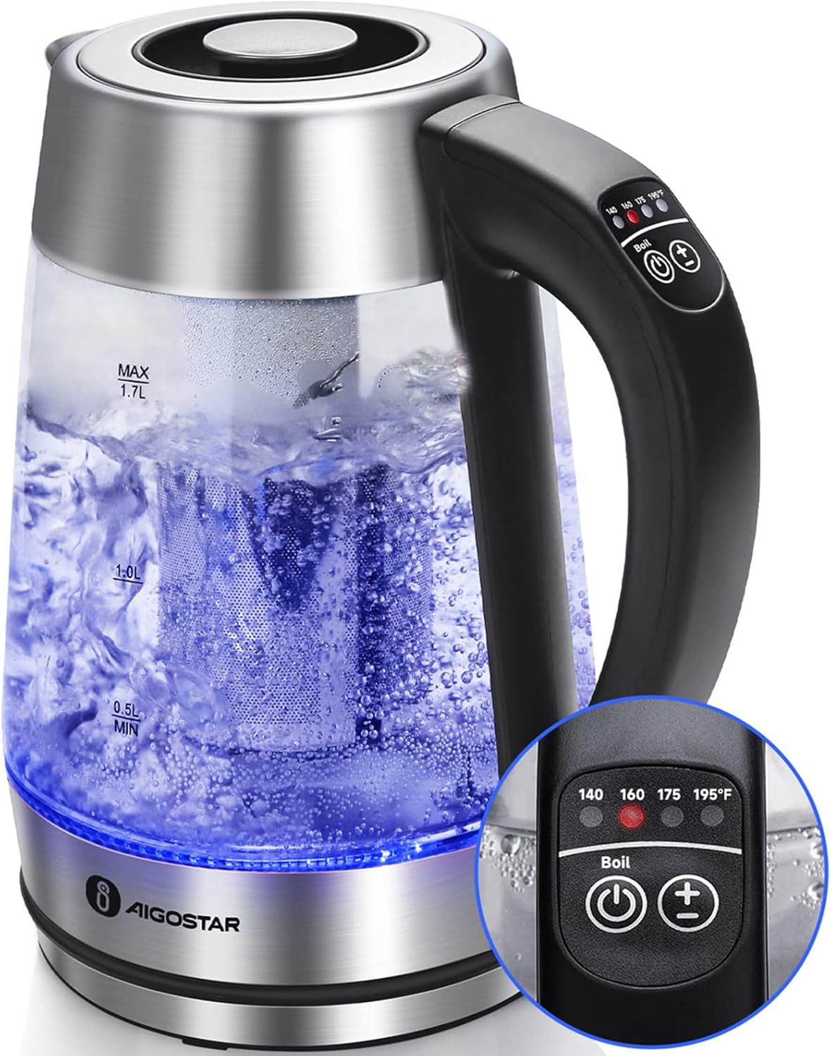 ORANGLES Aigostar Electric Kettle with Temperature Control & Tea Infuser – 1.7L 1500W Variable Temperature Hot Water Kettle, Keep Warm, LED Lights & Auto Shut-Off  - Main Product Image - professional product shot | Buy Aigostar Electric Kettle with Temperature Control & Tea Infuser – 1.7L 1500W Variable Temperature Hot Water Kettle, Keep Warm, LED Lights & Auto Shut-Off online USA | ORANGLES