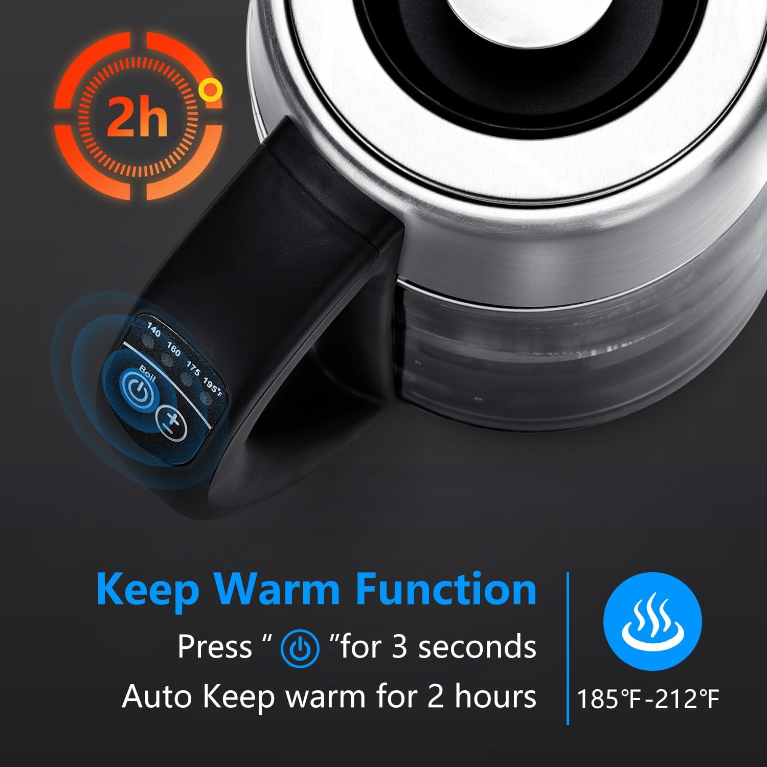 ORANGLES Aigostar Electric Kettle with Temperature Control & Tea Infuser – 1.7L 1500W Variable Temperature Hot Water Kettle, Keep Warm, LED Lights & Auto Shut-Off - detailed closeup view - Image 3 of 4 | great for travel | Texas | Free Shipping ORANGLES