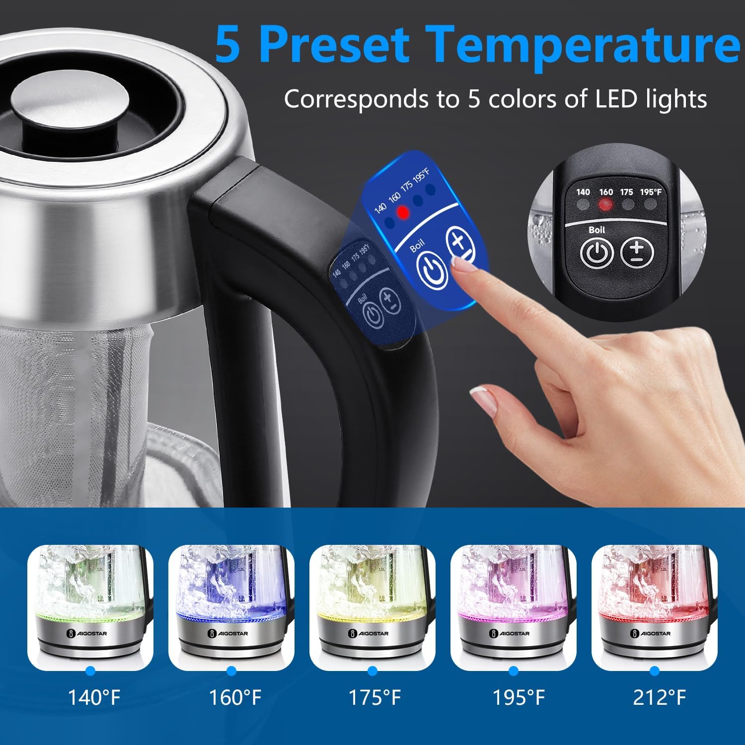 ORANGLES Aigostar Electric Kettle with Temperature Control & Tea Infuser – 1.7L 1500W Variable Temperature Hot Water Kettle, Keep Warm, LED Lights & Auto Shut-Off - angled perspective - Image 4 of 4 | excellent for daily use | New York | Free Shipping ORANGLES