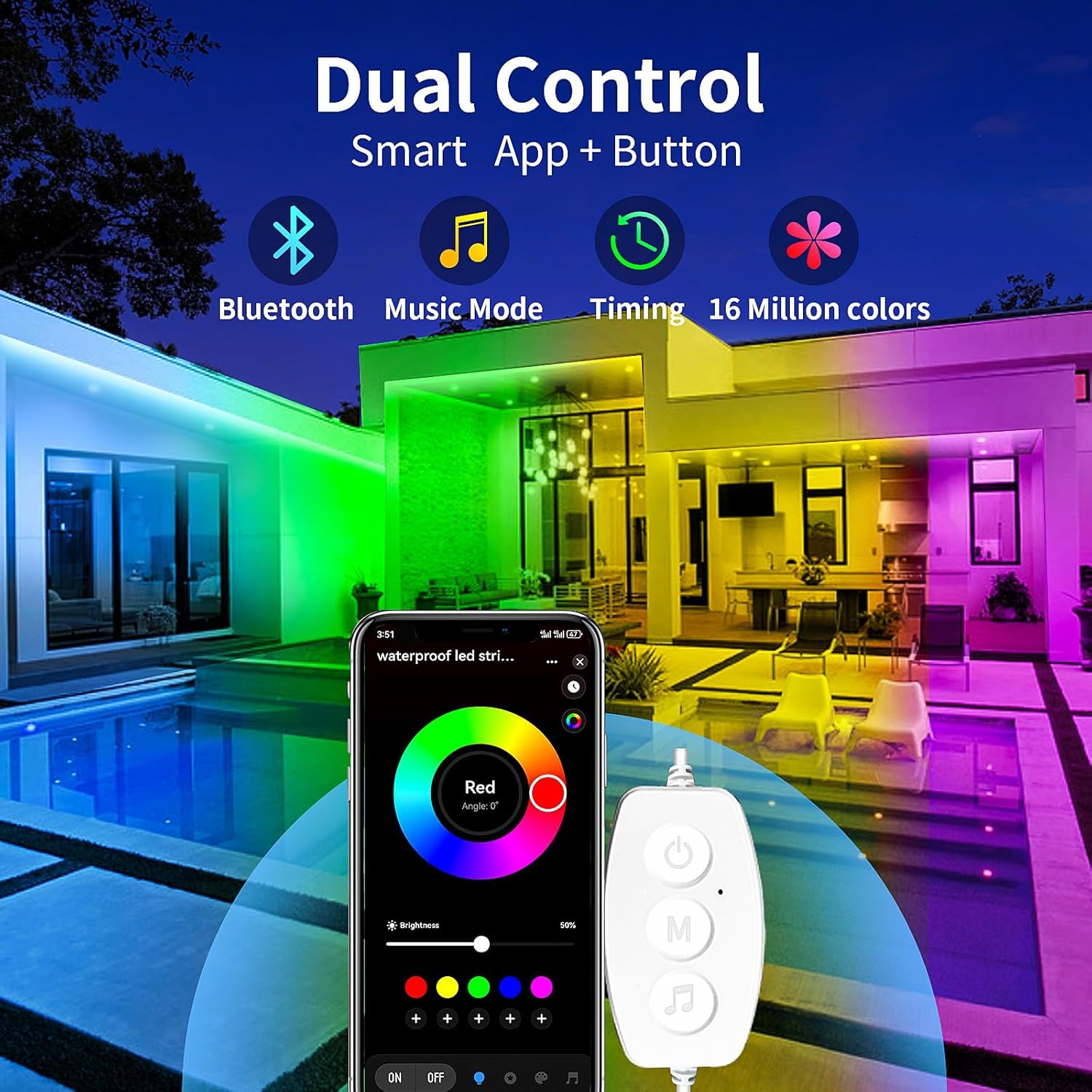 KSIPZE Outdoor LED Strip Lights Waterproof IP68 – RGB Exterior Rope Lights with Bluetooth App Control, Music Sync & Timer for Garden, Pool & Balcony Decor