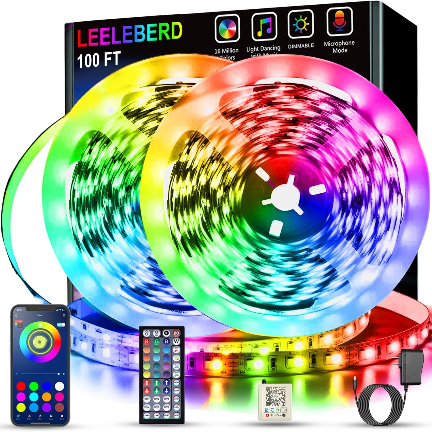 Leeleberd LED Lights for Bedroom 100ft – RGB Color Changing Strip Lights with Music Sync, Bluetooth App & Remote Control for Room, Kitchen & Party Decor