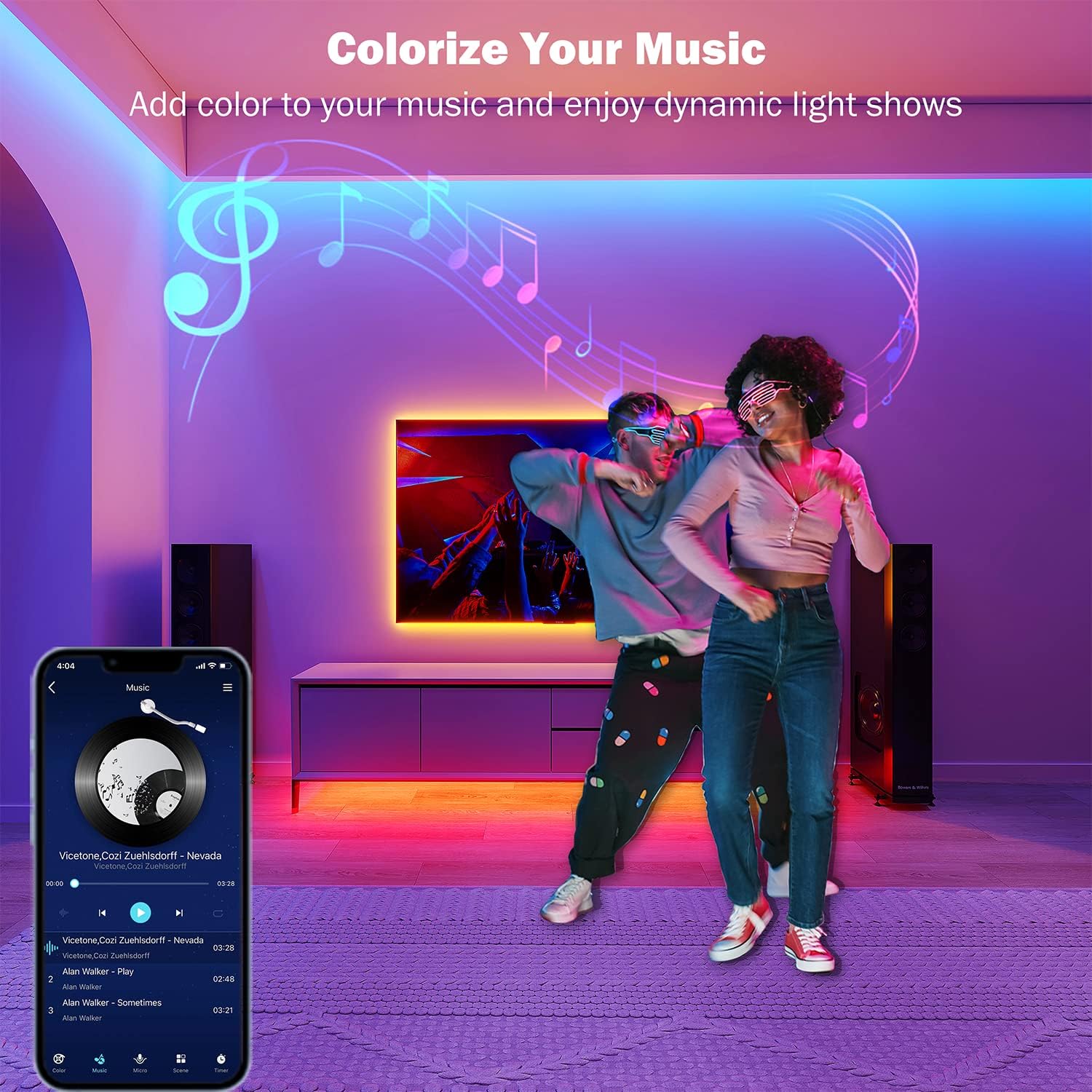 ORANGLES Leeleberd LED Lights for Bedroom 100ft – RGB Color Changing Strip Lights with Music Sync, Bluetooth App & Remote Control for Room, Kitchen & Party Decor - high resolution display - Image 2 of 4 | perfect for office | California | Free Shipping ORANGLES