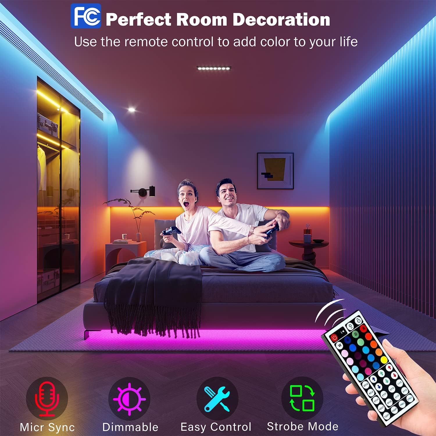 ORANGLES Leeleberd LED Lights for Bedroom 100ft – RGB Color Changing Strip Lights with Music Sync, Bluetooth App & Remote Control for Room, Kitchen & Party Decor - detailed closeup view - Image 3 of 4 | great for travel | Texas | Free Shipping ORANGLES