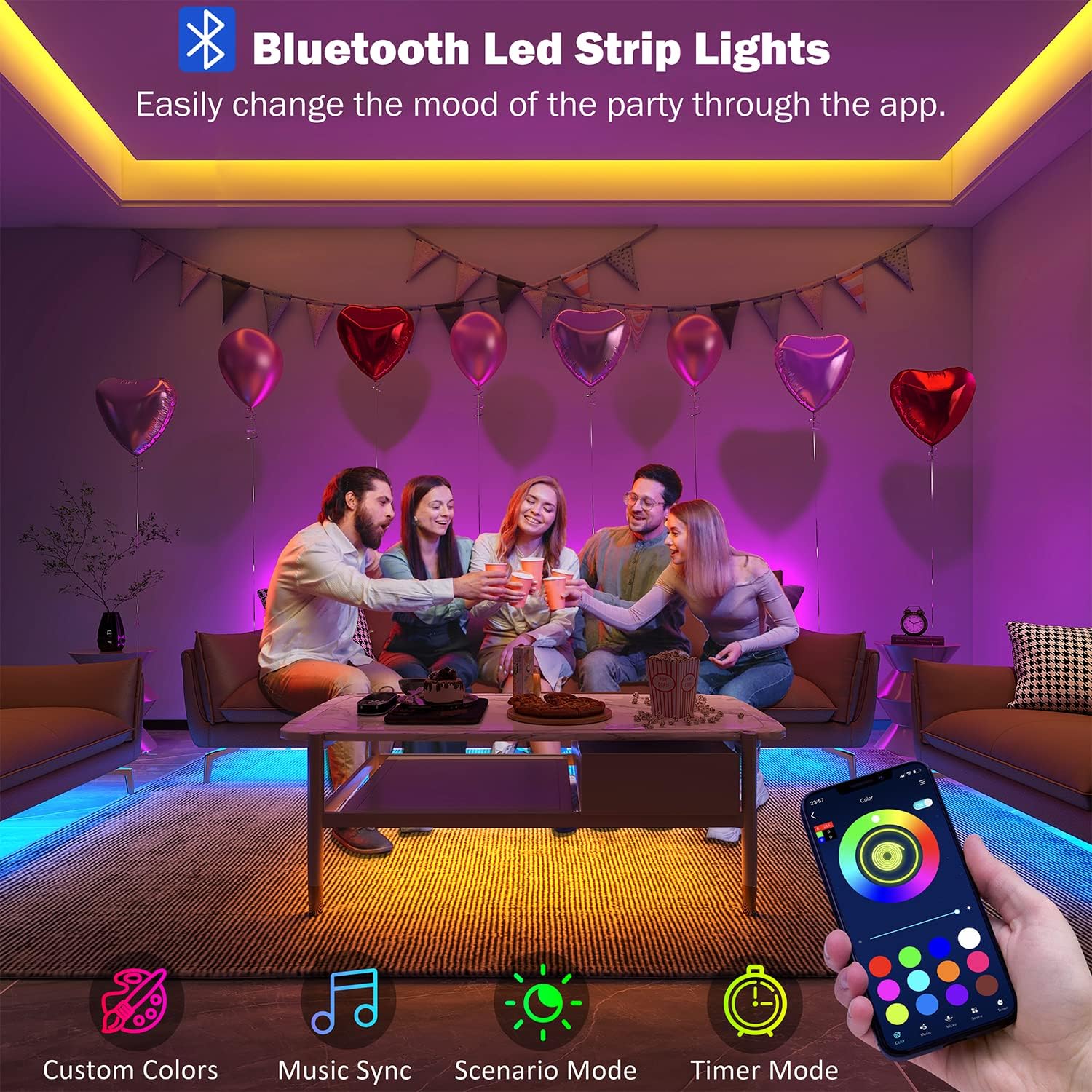 ORANGLES Leeleberd LED Lights for Bedroom 100ft – RGB Color Changing Strip Lights with Music Sync, Bluetooth App & Remote Control for Room, Kitchen & Party Decor - angled perspective - Image 4 of 4 | excellent for daily use | New York | Free Shipping ORANGLES
