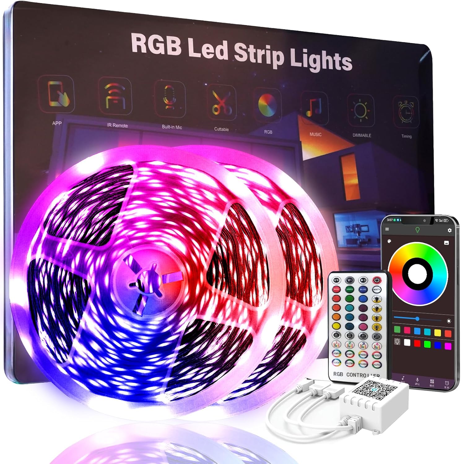 200FT LED Lights for Bedroom – Smart RGB Color Changing Strip Lights with Music Sync, Bluetooth App & Remote Control (2 Rolls of 100FT)