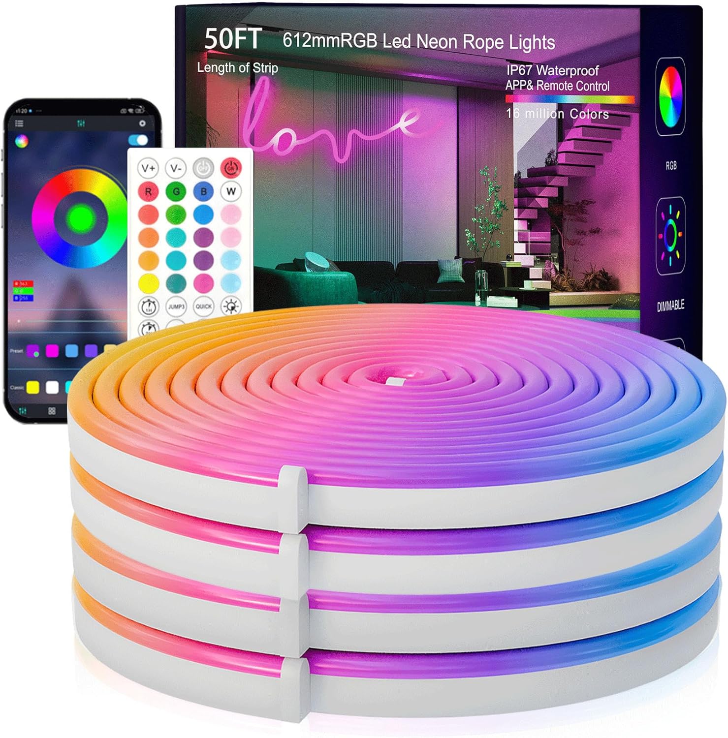 SILFU Neon Rope Lights 50FT – RGB Waterproof IP67 LED Strip Lights with Music Sync, DIY Design & 44-Key Remote for Bedroom & Holiday Decor