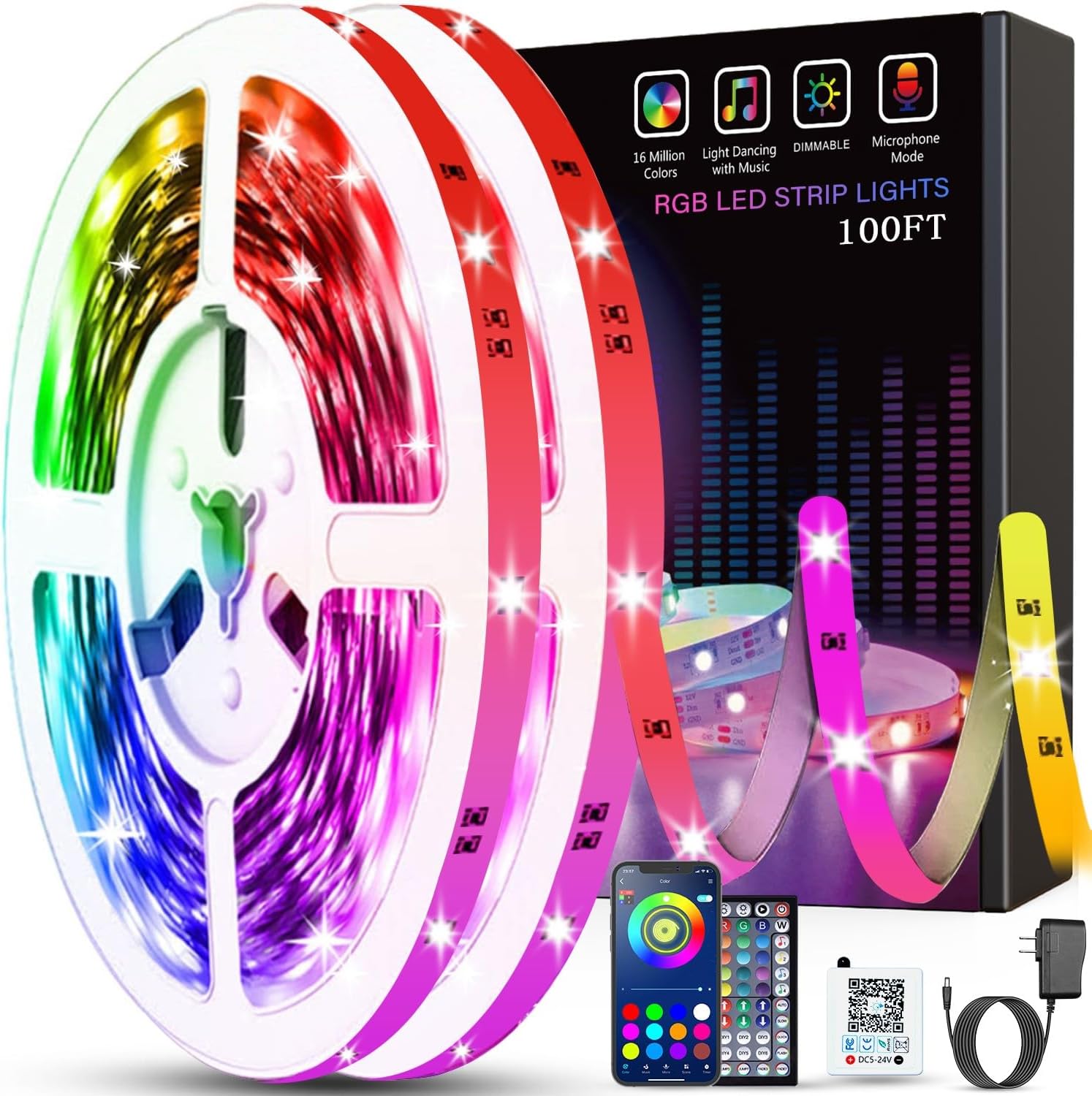 Tenmiro LED Lights for Bedroom 100FT – RGB Music Sync Color Changing Strip Lights with Remote & App Control for Room & Party Decoration