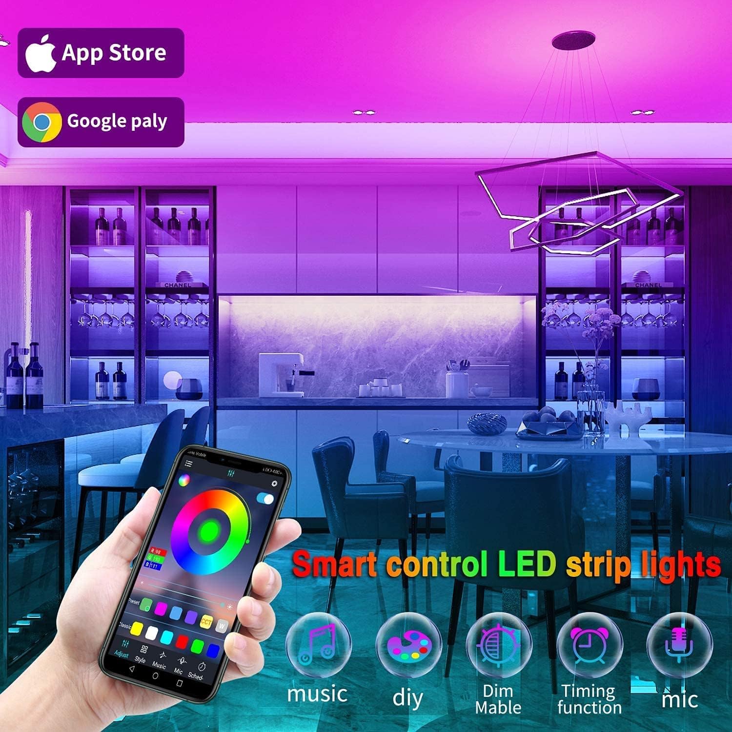 ORANGLES Tenmiro LED Lights for Bedroom 100FT – RGB Music Sync Color Changing Strip Lights with Remote & App Control for Room & Party Decoration - detailed closeup view - Image 3 of 4 | great for travel | Texas | Free Shipping ORANGLES