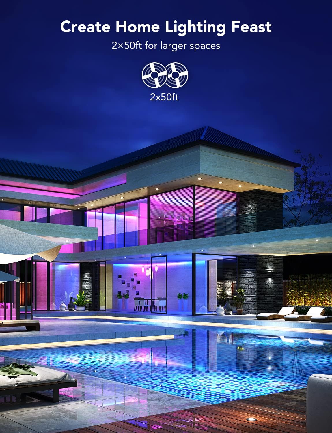 ORANGLES 100FT RGBIC LED Strip Lights – Smart Bluetooth LED Lights with APP Control, DIY Multi-Color Lighting for Bedroom Décor (2 Rolls of 50FT) - angled perspective - Image 4 of 5 | excellent for daily use | New York | Free Shipping ORANGLES