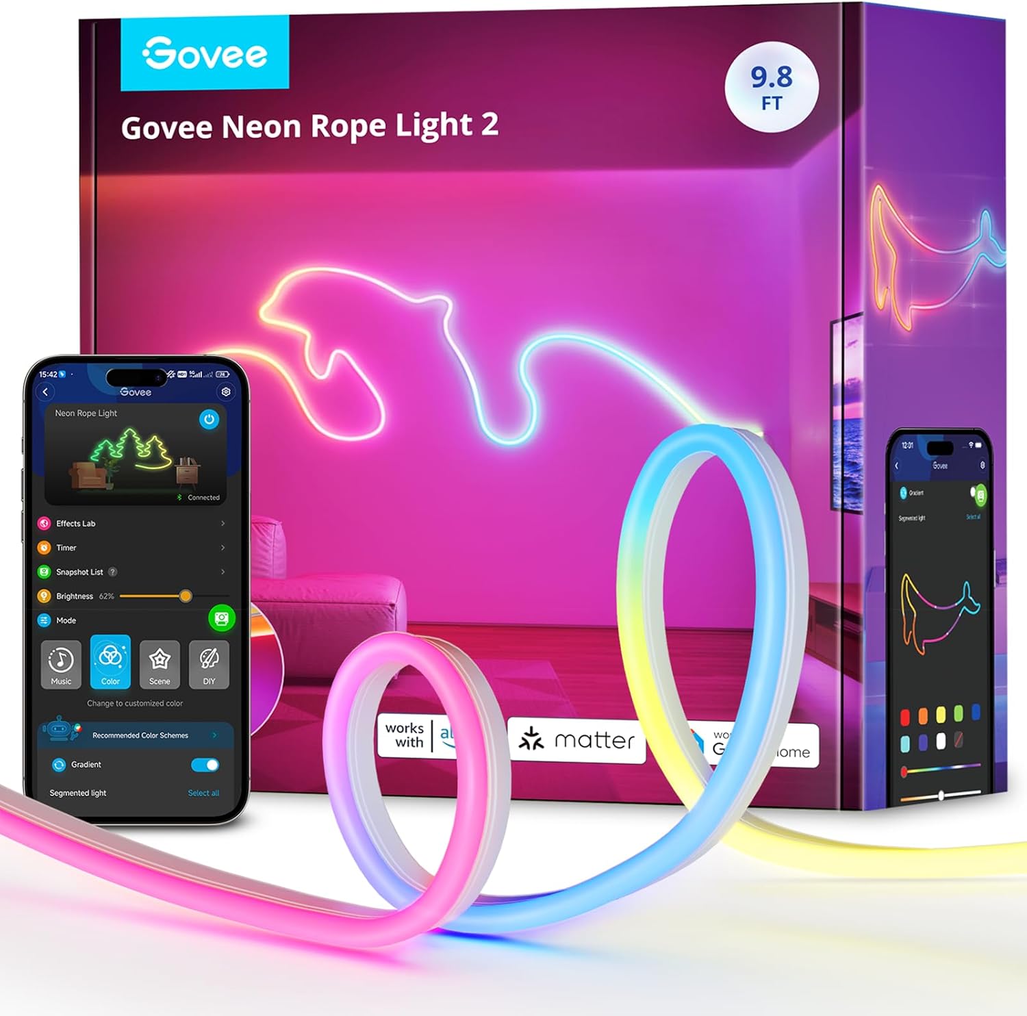 RGBIC Smart Neon Rope Lights 9.8FT – Matter Compatible LED Neon Strip Lights Works with Alexa & Google Assistant for Bedroom & Wall Décor (White)
