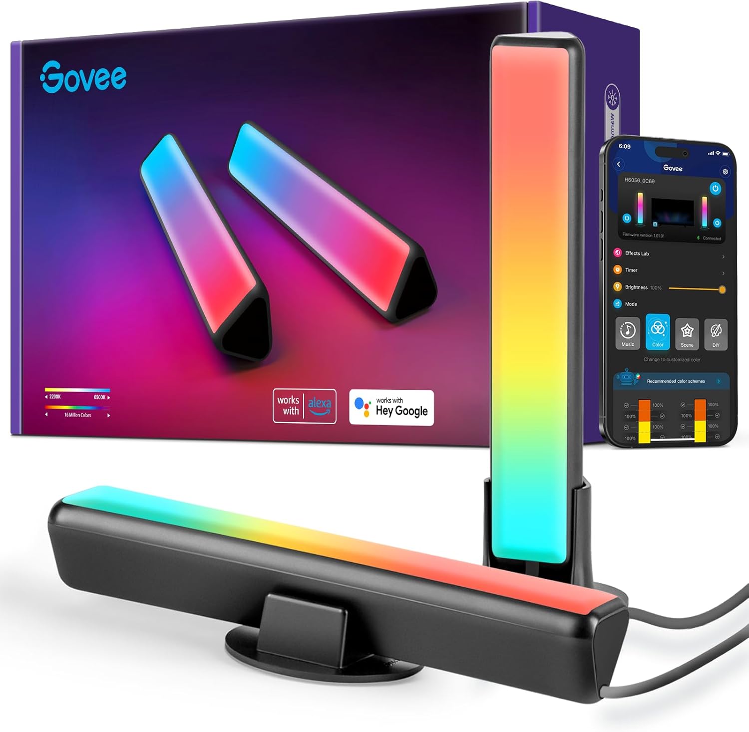 Smart LED Light Bars – RGBICWW WiFi TV Backlights Compatible with Alexa & Google Assistant, Music Sync Ambient Lighting for Gaming & Living Room Décor (Black)