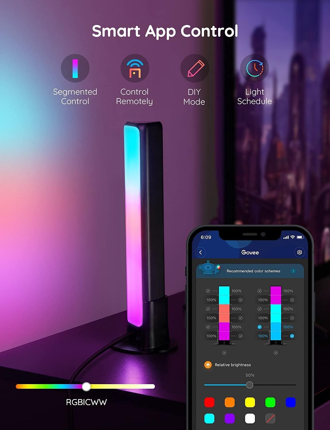 ORANGLES Smart LED Light Bars – RGBICWW WiFi TV Backlights Compatible with Alexa & Google Assistant, Music Sync Ambient Lighting for Gaming & Living Room Décor (Black) - high resolution display - Image 2 of 5 | perfect for office | California | Free Shipping ORANGLES