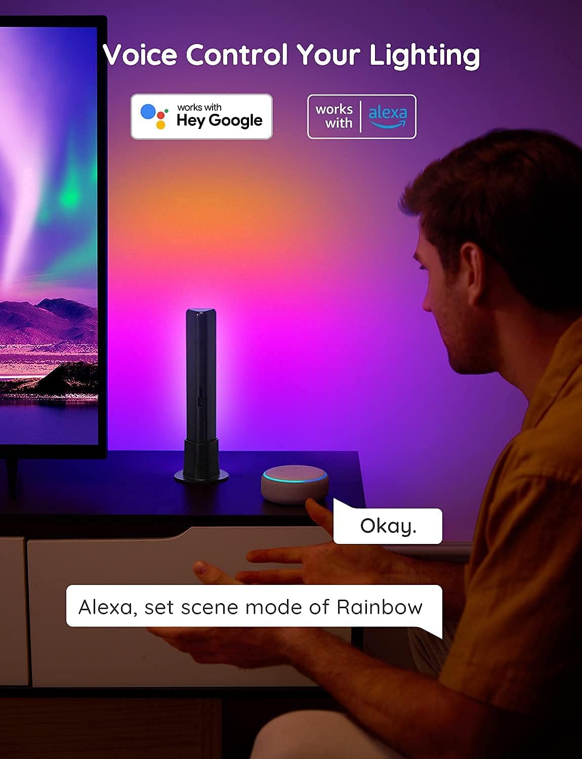 ORANGLES Smart LED Light Bars – RGBICWW WiFi TV Backlights Compatible with Alexa & Google Assistant, Music Sync Ambient Lighting for Gaming & Living Room Décor (Black) - detailed closeup view - Image 3 of 5 | great for travel | Texas | Free Shipping ORANGLES