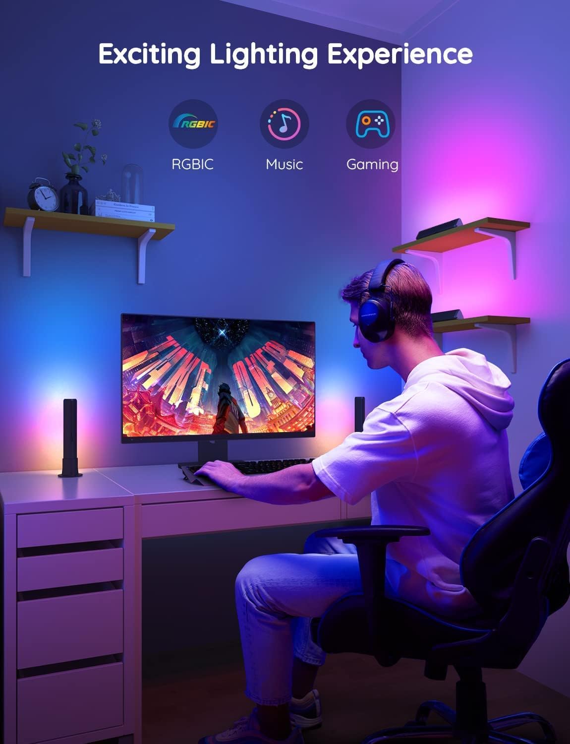 ORANGLES Smart LED Light Bars – RGBICWW WiFi TV Backlights Compatible with Alexa & Google Assistant, Music Sync Ambient Lighting for Gaming & Living Room Décor (Black) - full product showcase - Image 5 of 5 | suitable for professionals | Florida | Free Shipping ORANGLES