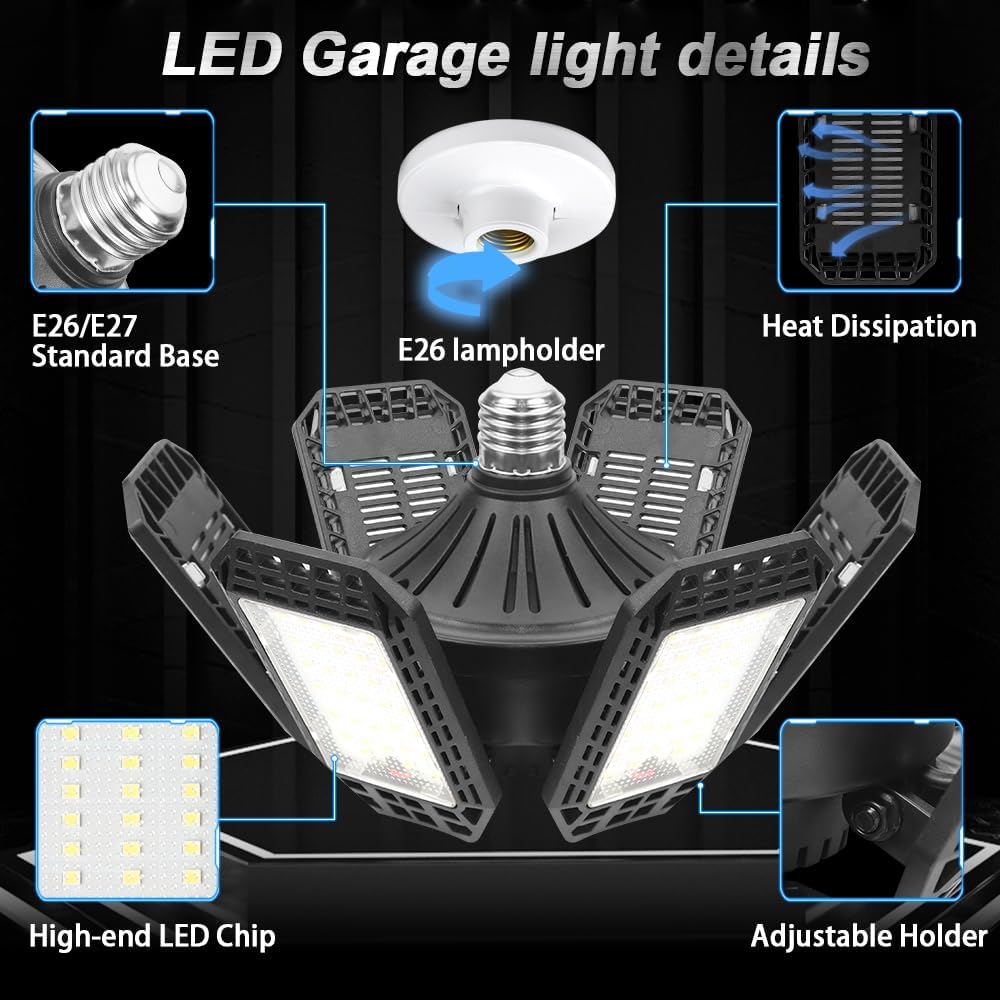 ORANGLES AUDLES 2 Pack Garage LED Lights 200W 20000LM – 6500K Daylight Deformable 6+1 Panels Shop Lights for Garage, Warehouse, Basement & Workshop (E26/E27 Socket) - angled perspective - Image 4 of 4 | excellent for daily use | New York | Free Shipping ORANGLES