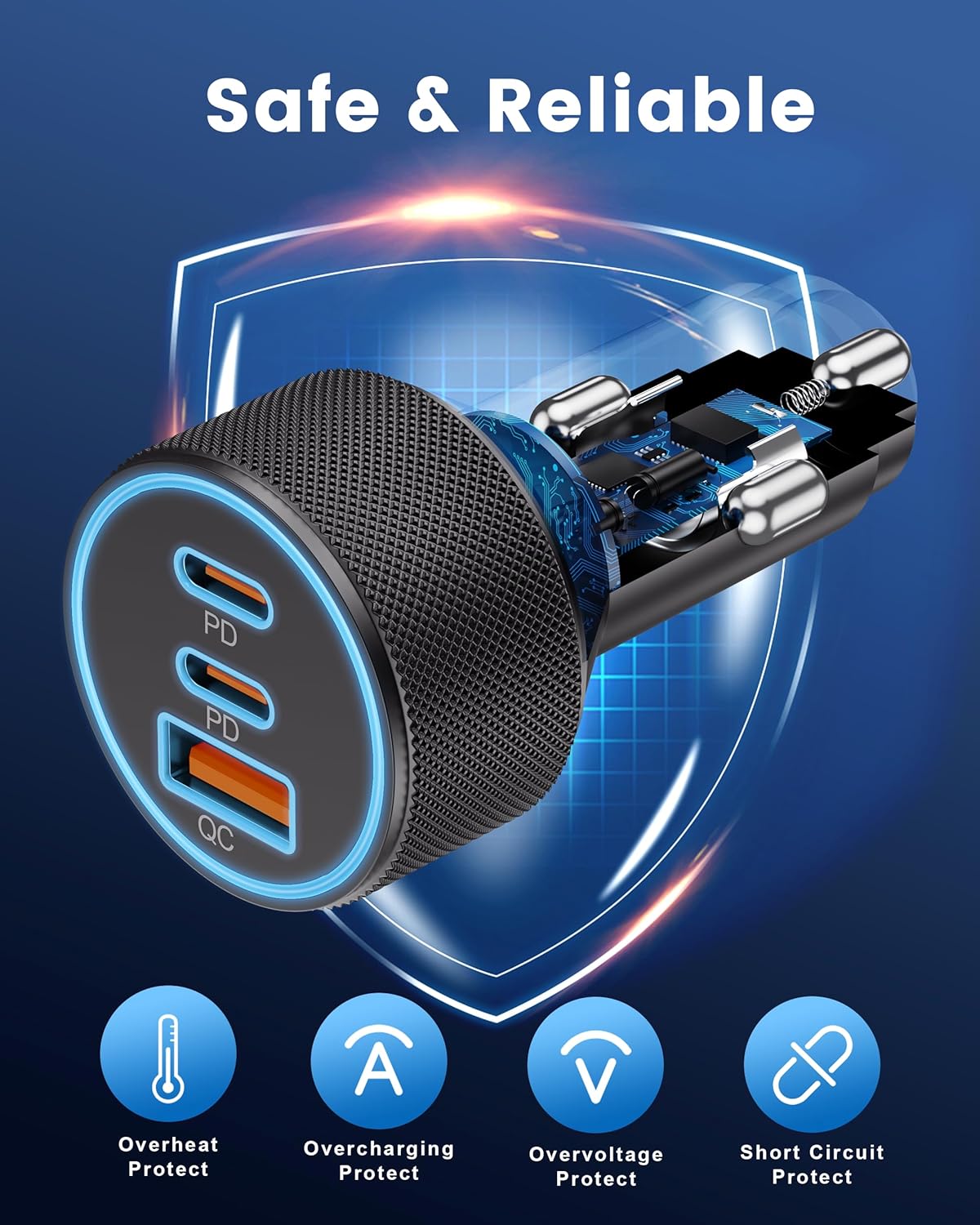 ORANGLES USB C Car Charger 67W – 3-Port Dual USB-C & USB-A Fast Car Phone Charger Adapter for iPhone 17/16/15, iPad, Galaxy S26/S25 & Android Devices - angled perspective - Image 4 of 5 | excellent for daily use | New York | Free Shipping ORANGLES