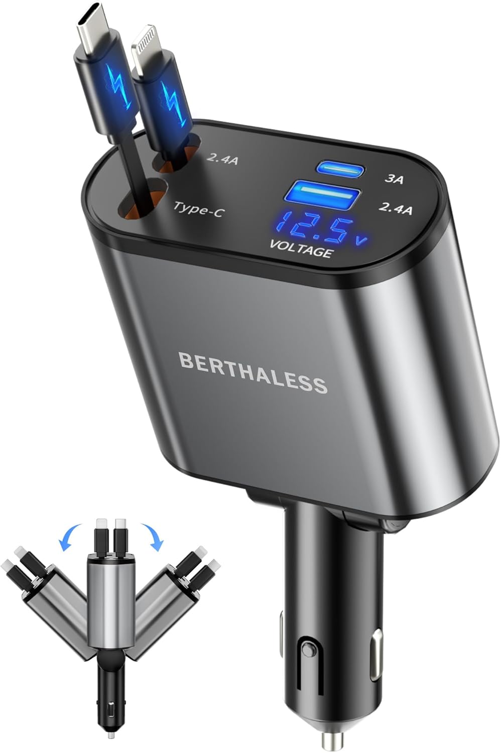BERTHALESS Retractable Car Charger 4-in-1 – Fast Charging USB-C & USB-A Car Charger for iPhone 17/16/15, Galaxy, Pixel & More