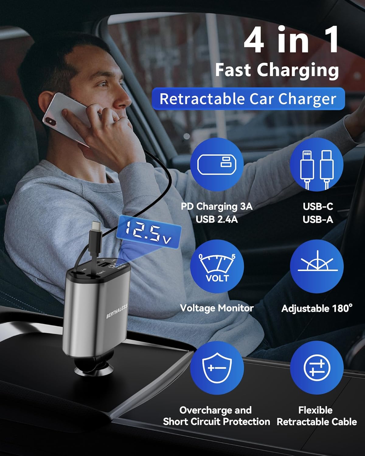 ORANGLES BERTHALESS Retractable Car Charger 4-in-1 – Fast Charging USB-C & USB-A Car Charger for iPhone 17/16/15, Galaxy, Pixel & More - full product showcase - Image 5 of 6 | suitable for professionals | Florida | Free Shipping ORANGLES