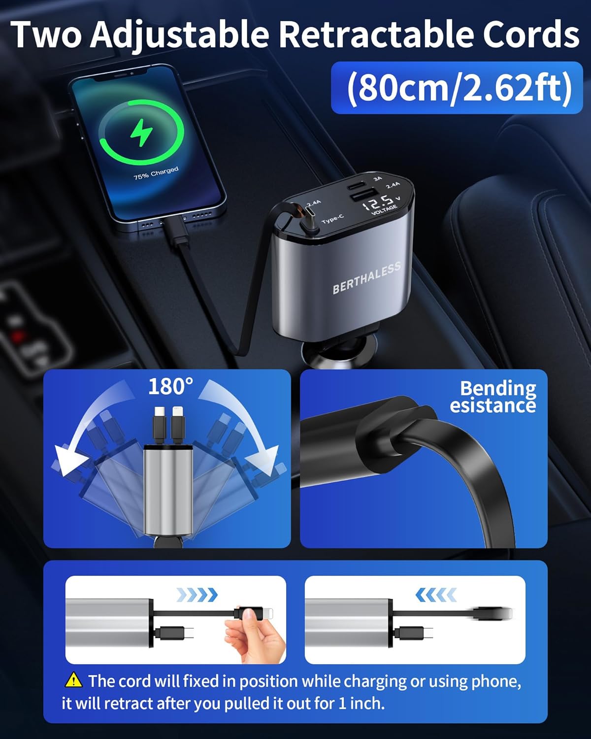 ORANGLES BERTHALESS Retractable Car Charger 4-in-1 – Fast Charging USB-C & USB-A Car Charger for iPhone 17/16/15, Galaxy, Pixel & More - elegant presentation - Image 6 of 6 | designed for enthusiasts | Illinois | Free Shipping ORANGLES
