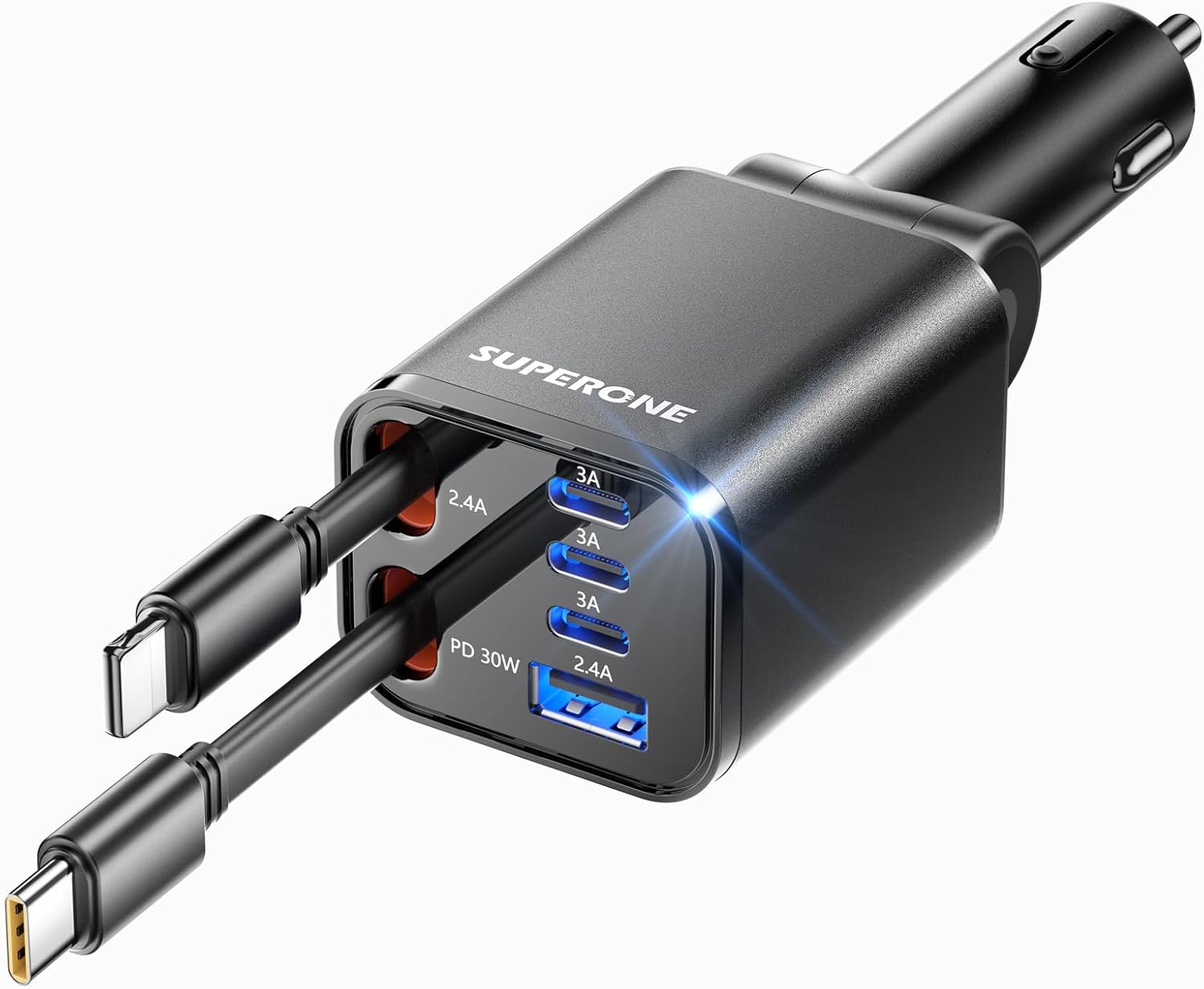 SUPERONE Retractable Car Charger 99W – Fast Charging USB-C Car Charger Adapter with Built-In Cables for iPhone 17/16/15 & Samsung (Black)