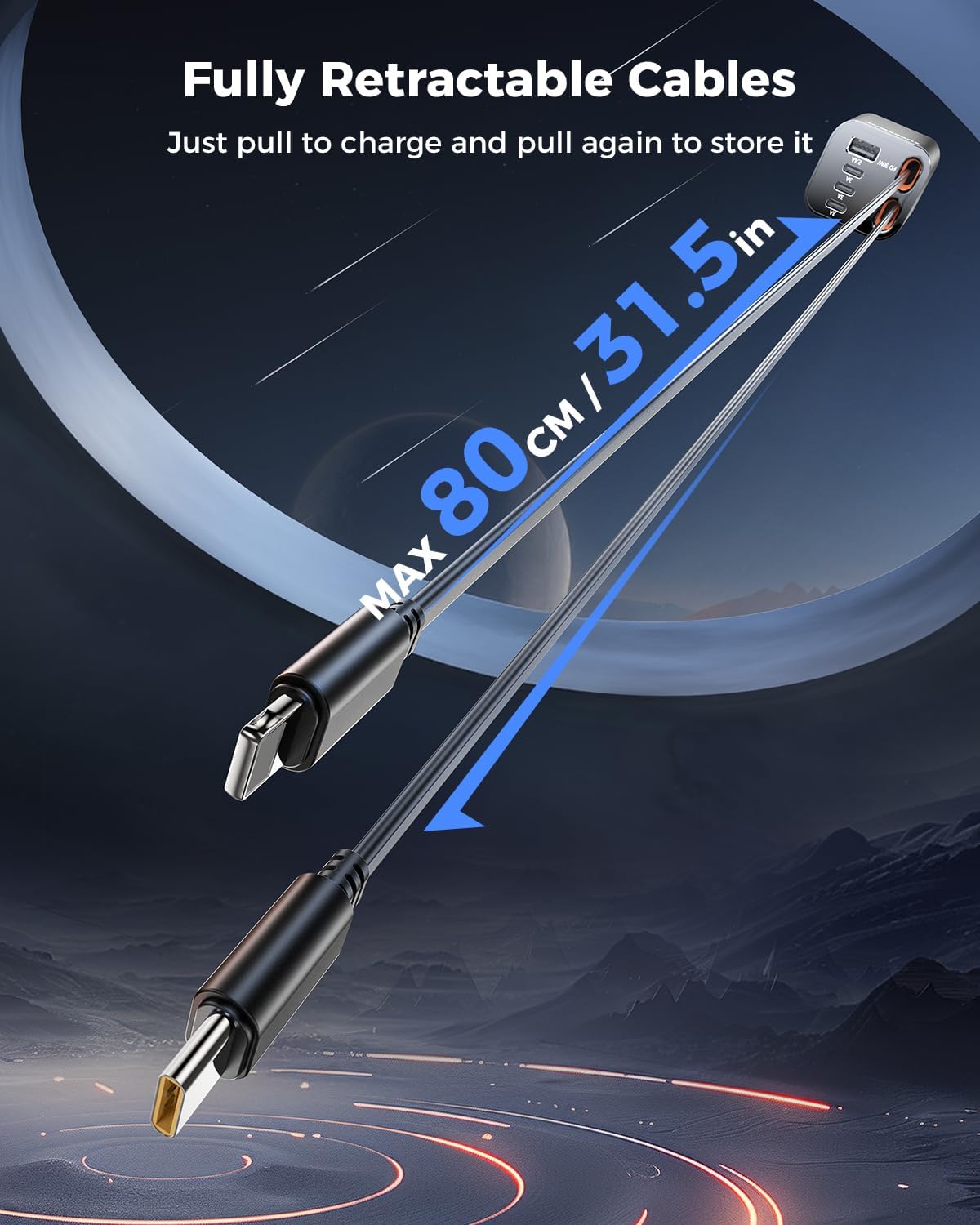 ORANGLES SUPERONE Retractable Car Charger 99W – Fast Charging USB-C Car Charger Adapter with Built-In Cables for iPhone 17/16/15 & Samsung (Black) - full product showcase - Image 5 of 6 | suitable for professionals | Florida | Free Shipping ORANGLES