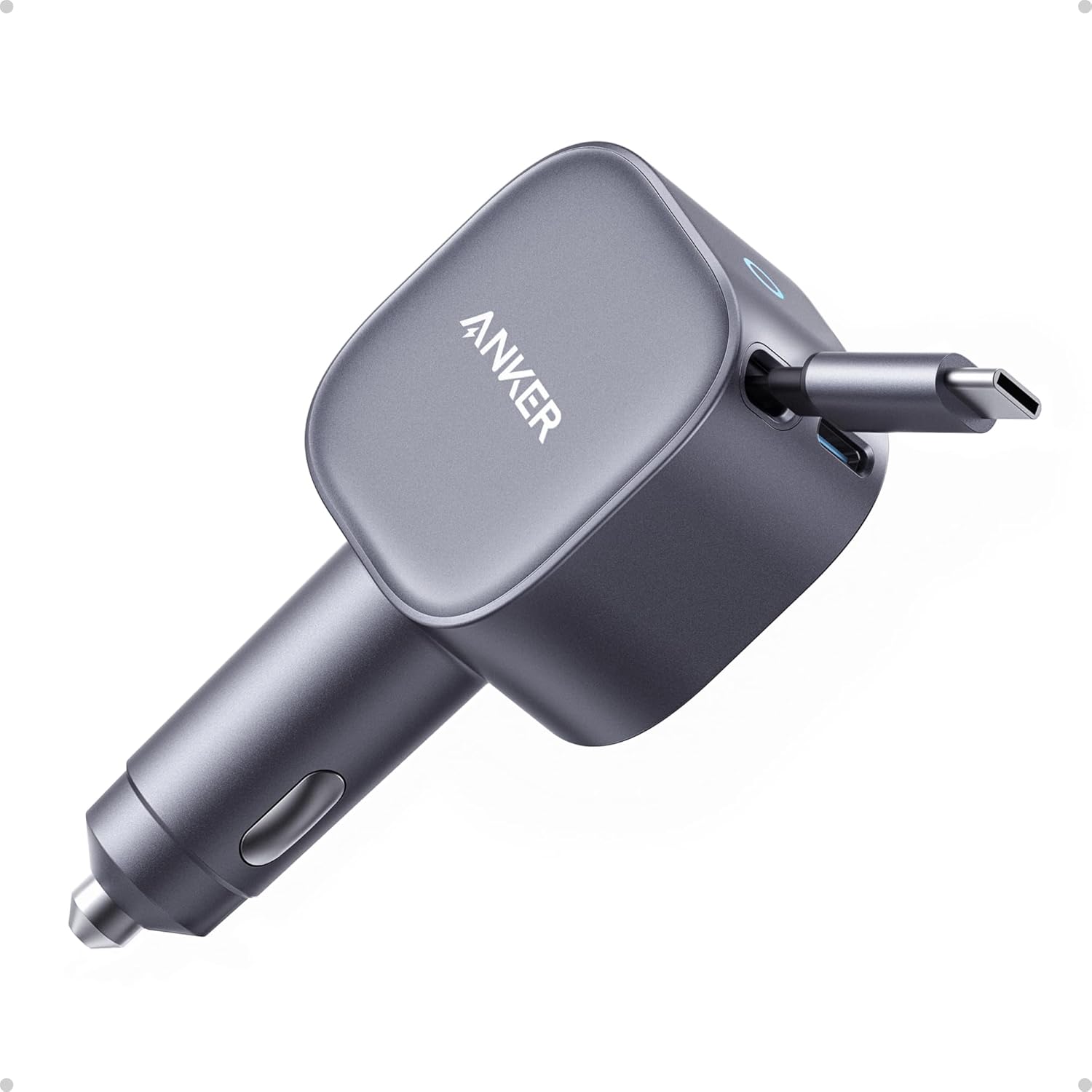 Retractable USB-C Car Charger 75W Max – Fast Charging Car Adapter with Built-In Retractable Cable for iPhone 17/16, Galaxy S25/S24, MacBook & iPad