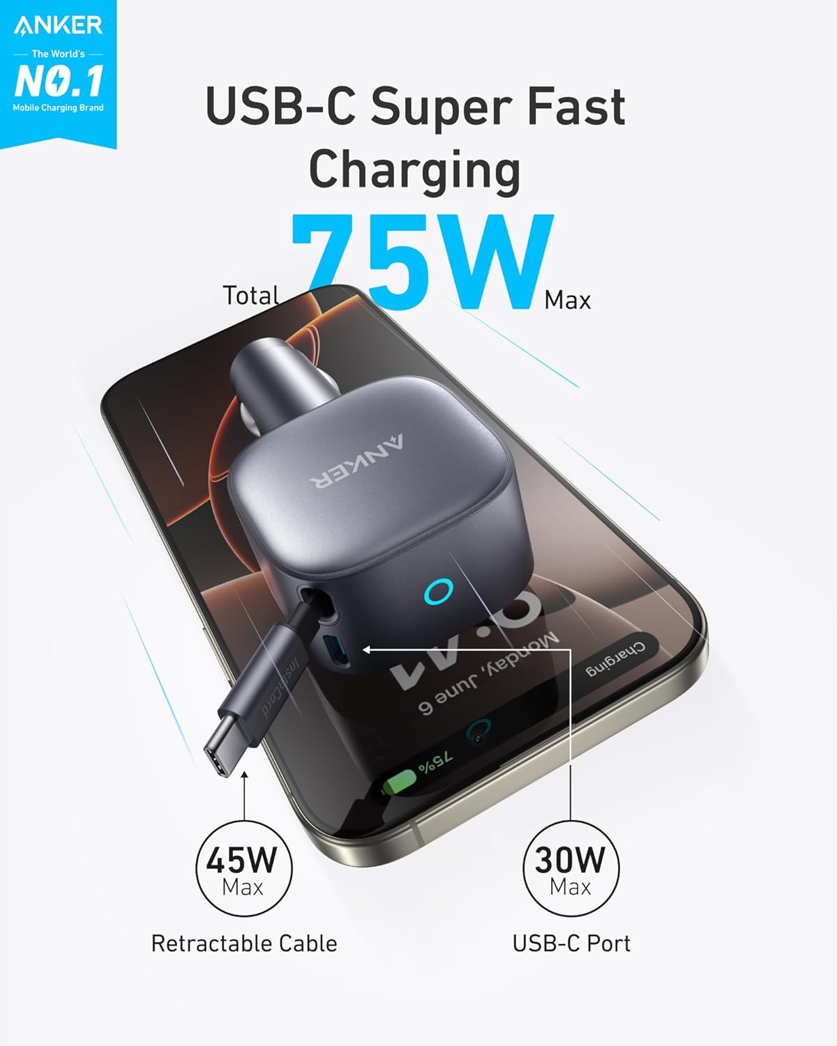 ORANGLES Retractable USB-C Car Charger 75W Max – Fast Charging Car Adapter with Built-In Retractable Cable for iPhone 17/16, Galaxy S25/S24, MacBook & iPad - full product showcase - Image 5 of 5 | suitable for professionals | Florida | Free Shipping ORANGLES