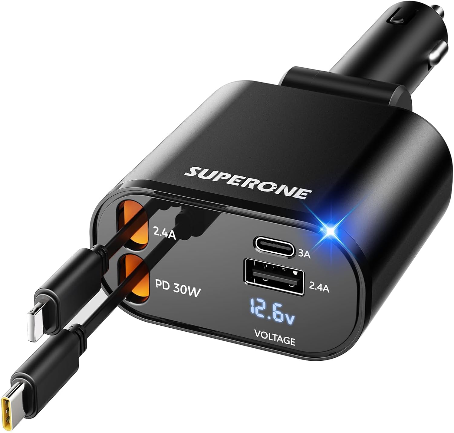 SUPERONE Upgraded Retractable Car Charger 4-in-1 – Fast USB-C & Apple Car Charger Adapter with 2.6FT Cord for iPhone 17/16/15, Galaxy & Pixel