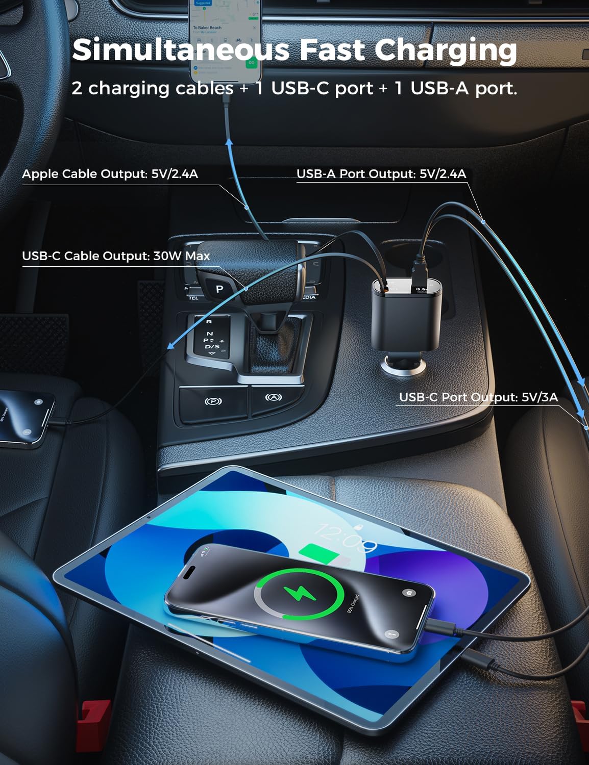 ORANGLES SUPERONE Upgraded Retractable Car Charger 4-in-1 – Fast USB-C & Apple Car Charger Adapter with 2.6FT Cord for iPhone 17/16/15, Galaxy & Pixel - high resolution display - Image 2 of 5 | perfect for office | California | Free Shipping ORANGLES