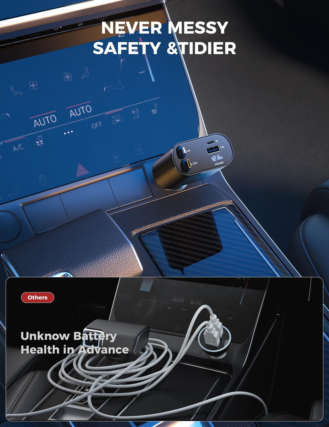 ORANGLES SUPERONE Upgraded Retractable Car Charger 4-in-1 – Fast USB-C & Apple Car Charger Adapter with 2.6FT Cord for iPhone 17/16/15, Galaxy & Pixel - detailed closeup view - Image 3 of 5 | great for travel | Texas | Free Shipping ORANGLES