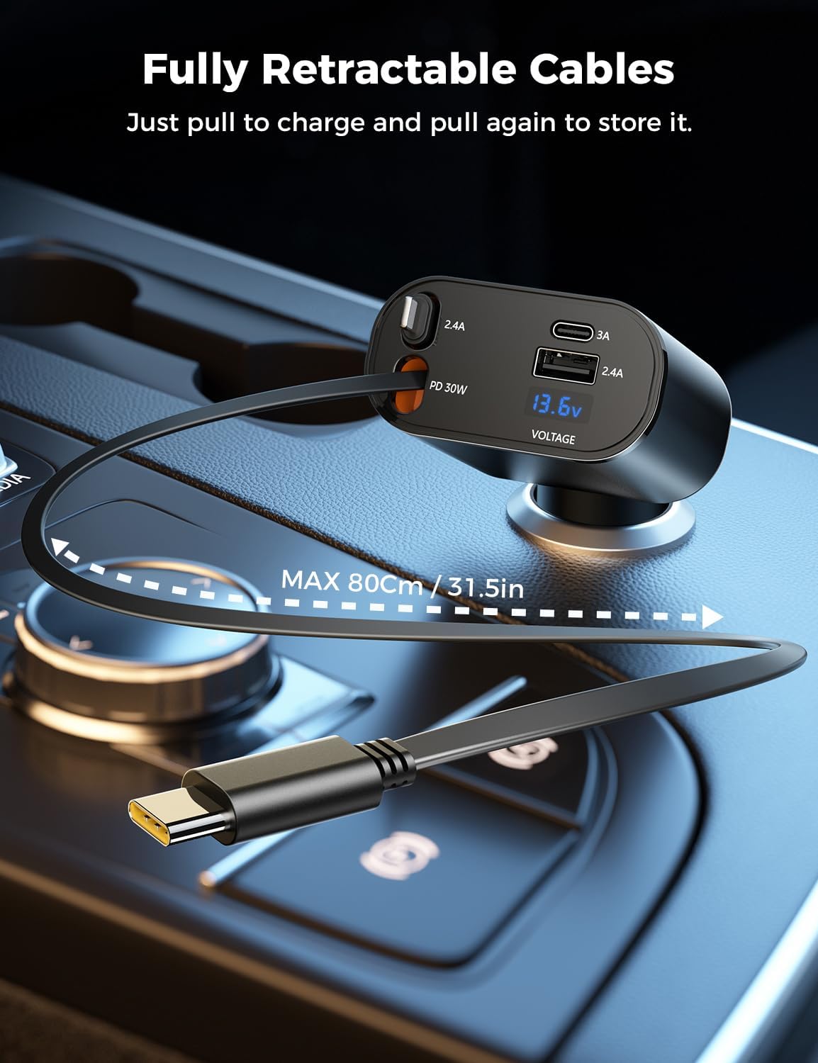 ORANGLES SUPERONE Upgraded Retractable Car Charger 4-in-1 – Fast USB-C & Apple Car Charger Adapter with 2.6FT Cord for iPhone 17/16/15, Galaxy & Pixel - full product showcase - Image 5 of 5 | suitable for professionals | Florida | Free Shipping ORANGLES
