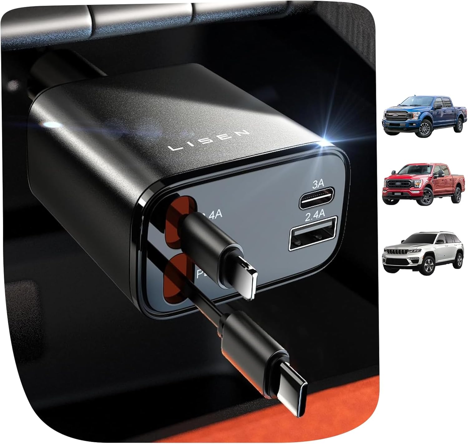LISEN Retractable Car Charger 4-in-1 69W – USB-C Fast Car Charger with 31.5-Inch Retractable Cable for iPhone 17/16/15 & Daily Driving Accessories