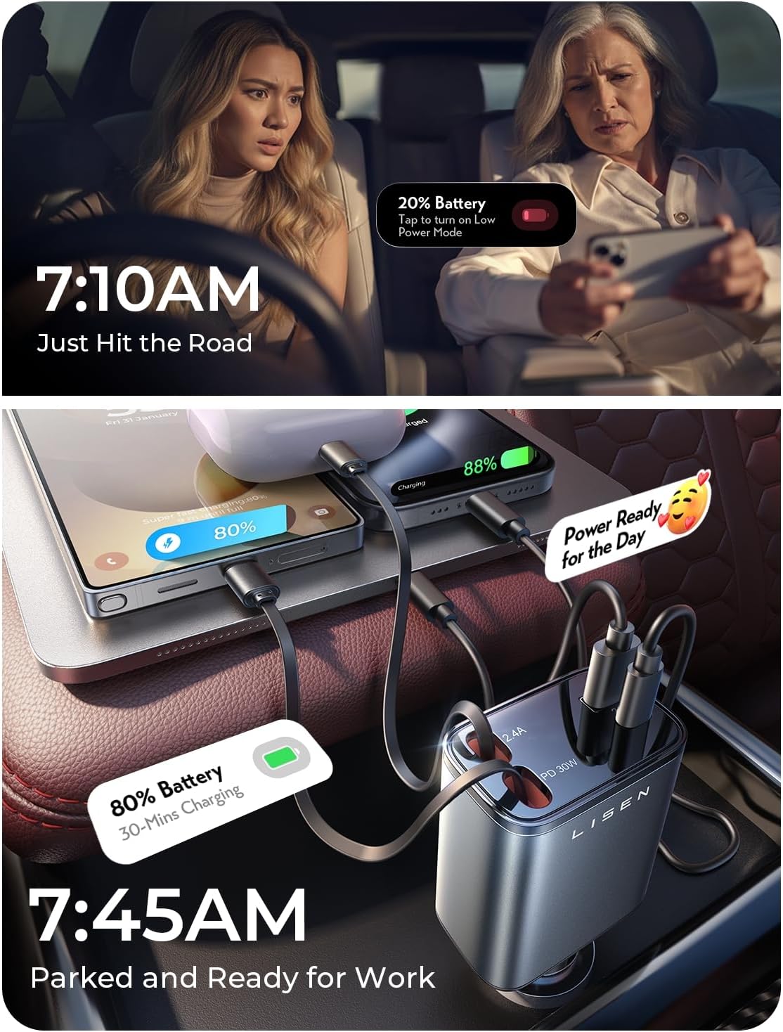 ORANGLES LISEN Retractable Car Charger 4-in-1 69W – USB-C Fast Car Charger with 31.5-Inch Retractable Cable for iPhone 17/16/15 & Daily Driving Accessories - high resolution display - Image 2 of 5 | perfect for office | California | Free Shipping ORANGLES