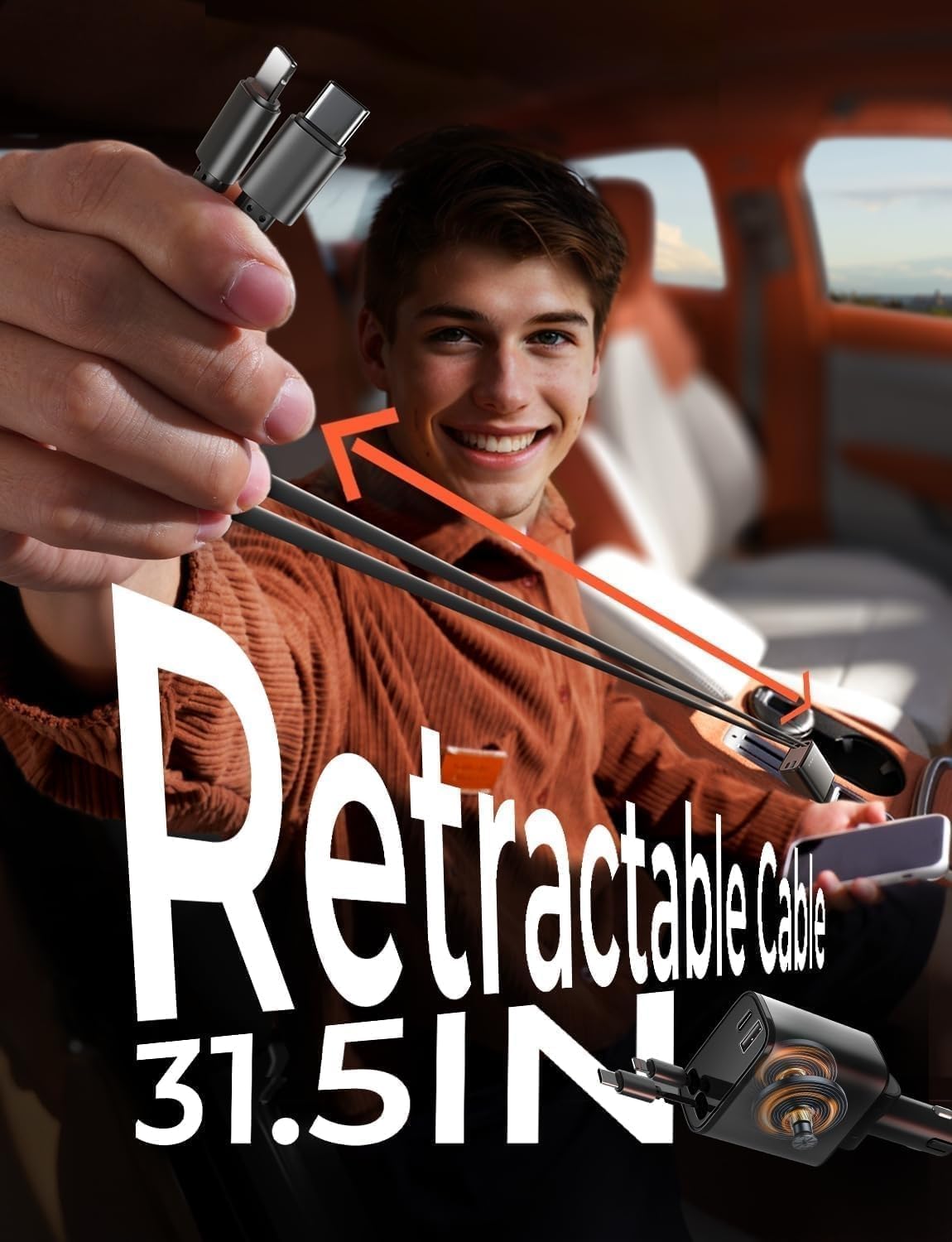 ORANGLES LISEN Retractable Car Charger 4-in-1 69W – USB-C Fast Car Charger with 31.5-Inch Retractable Cable for iPhone 17/16/15 & Daily Driving Accessories - angled perspective - Image 4 of 5 | excellent for daily use | New York | Free Shipping ORANGLES