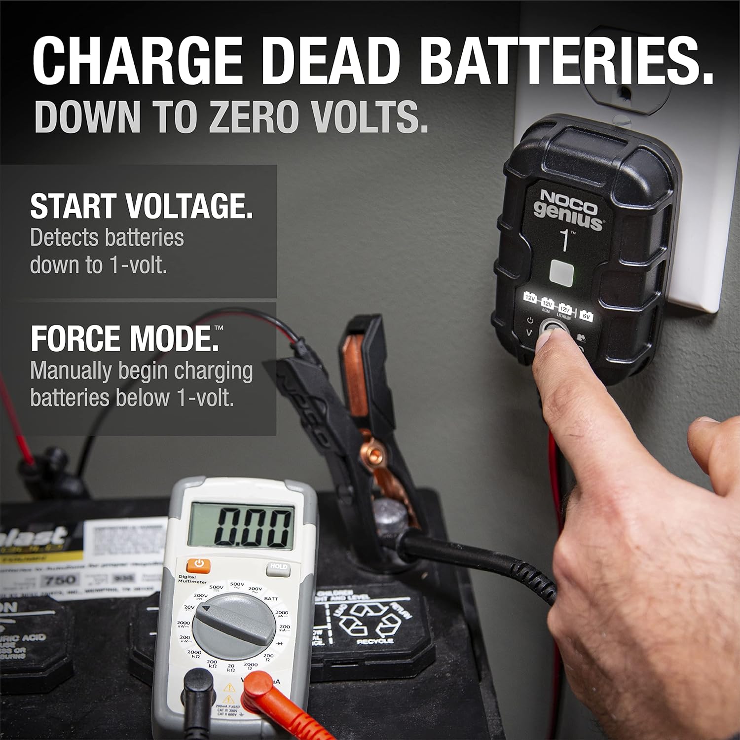 ORANGLES NOCO GENIUS1 1A Smart Battery Charger – 6V/12V Automatic Maintainer, Trickle Charger & Desulfator for Lead-Acid & Lithium Batteries - angled perspective - Image 4 of 5 | excellent for daily use | New York | Free Shipping ORANGLES