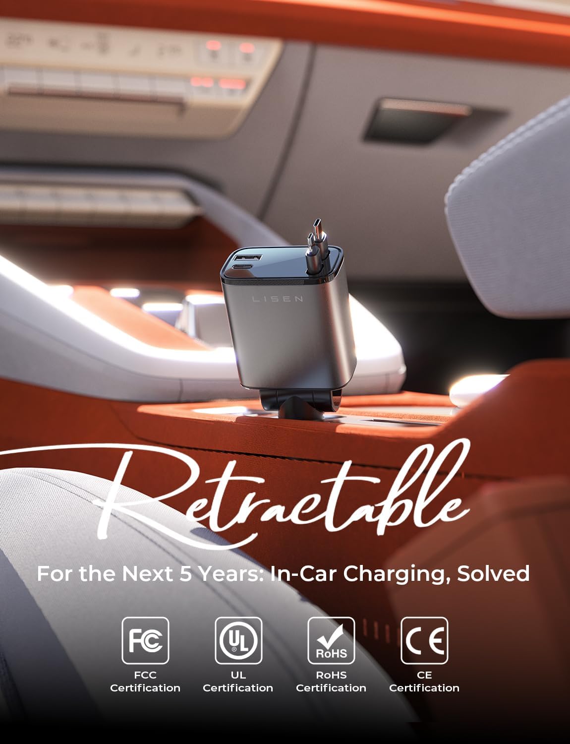 LISEN Retractable USB-C Car Charger 75W – Upgraded Dual Type-C 4-in-1 Fast Car Charger for iPhone 17/16/15 & Galaxy S26