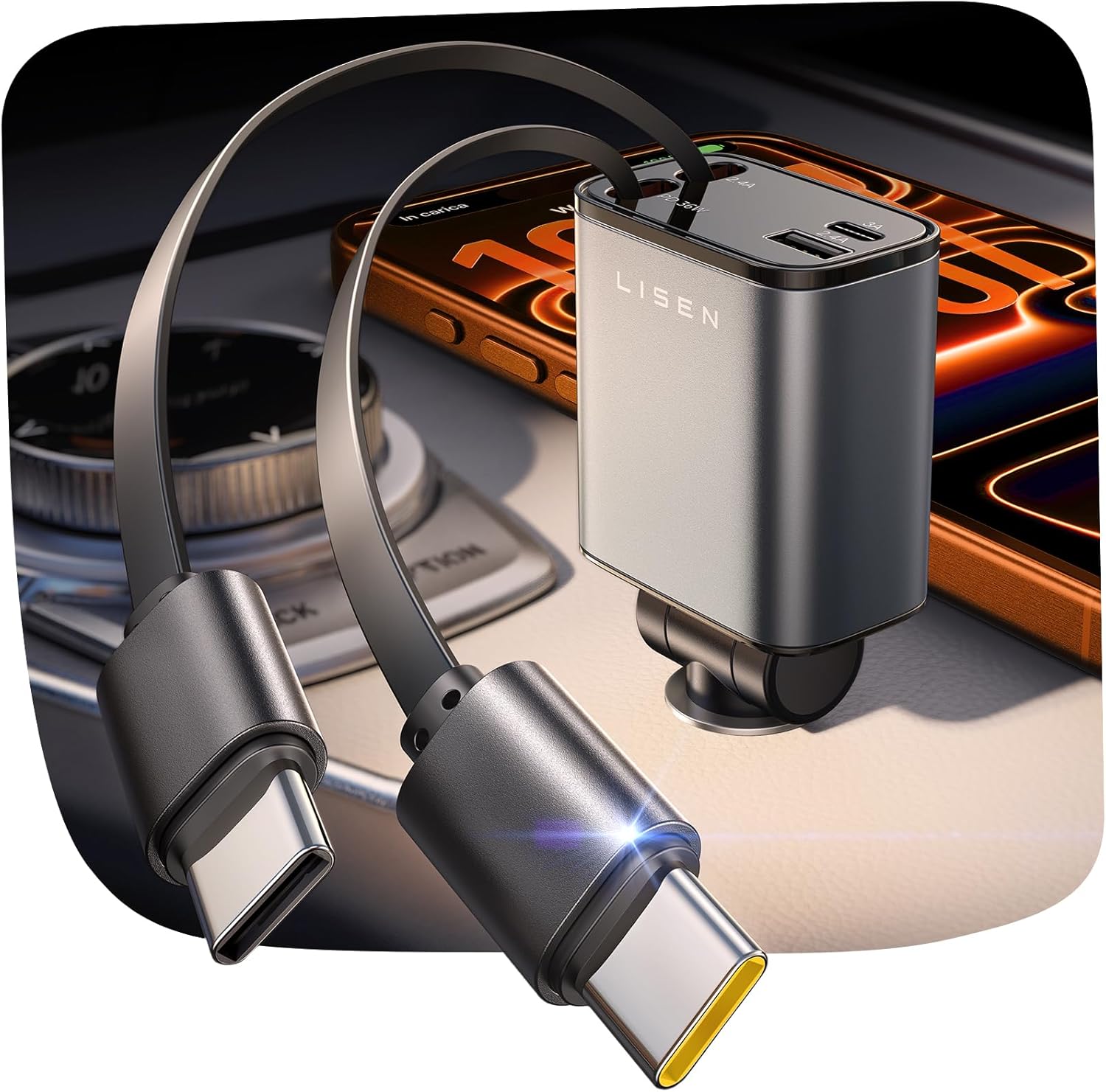 ORANGLES LISEN Retractable USB-C Car Charger 75W – Upgraded Dual Type-C 4-in-1 Fast Car Charger for iPhone 17/16/15 & Galaxy S26 - angled perspective - Image 4 of 5 | excellent for daily use | New York | Free Shipping ORANGLES